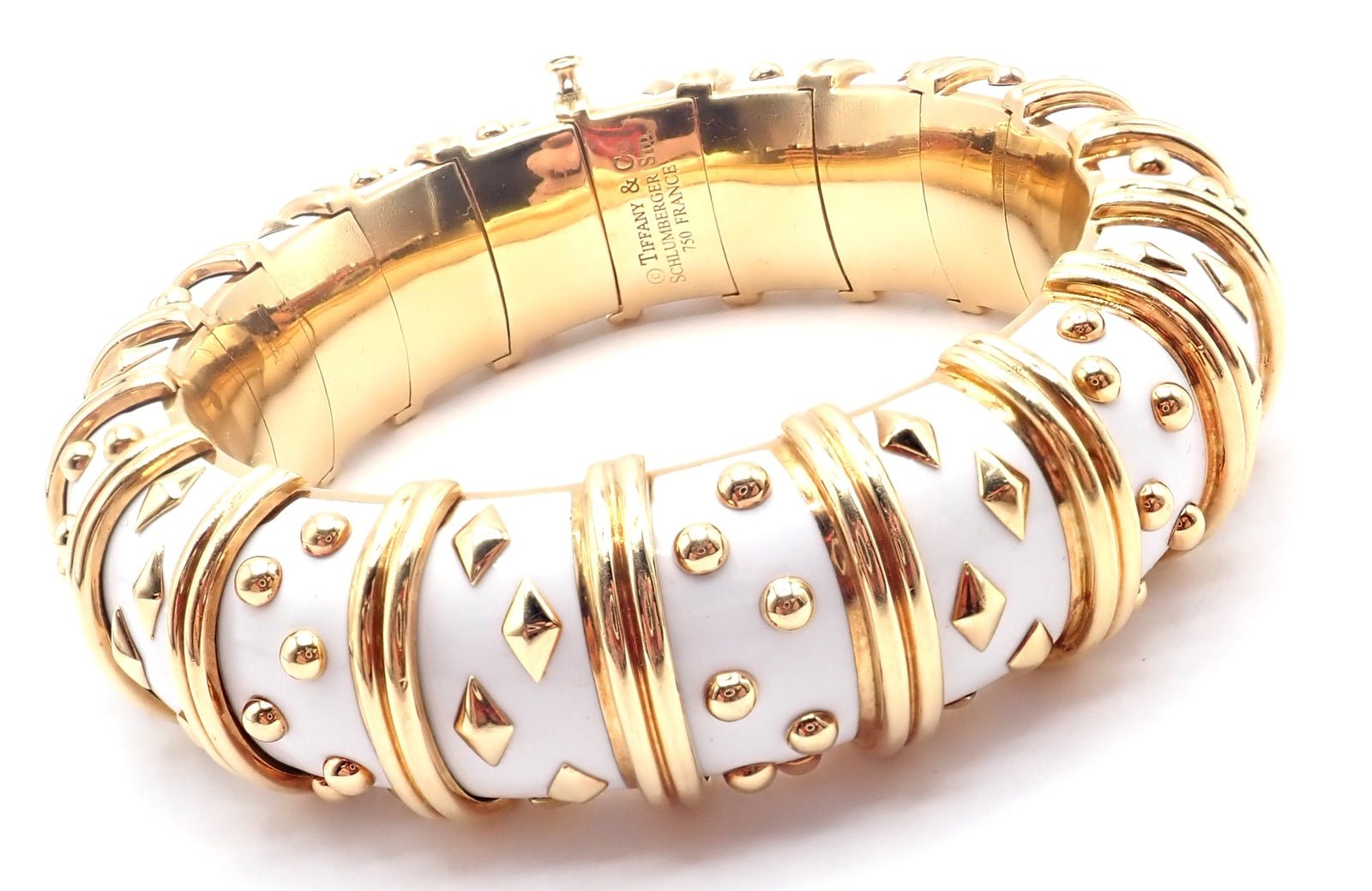 Tiffany & Co Schlumberger Dot Losange 18k Yellow Gold Enamel Bangle Bracelet - Luxury Jewelry for Women, Elegant Gift for Anniversary & Special Occasions
