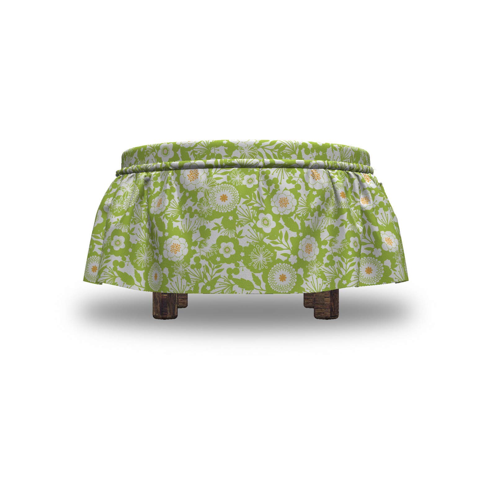 Ambesonne Botanical Ottoman Cover Set - 2 Piece Slipcover with Ruffle Skirt for Square/Round Footstools | Abstract Floral Design in Apple Green & Pale Orange | Home Decor Accent for Living Room, Bedroom & Nursery