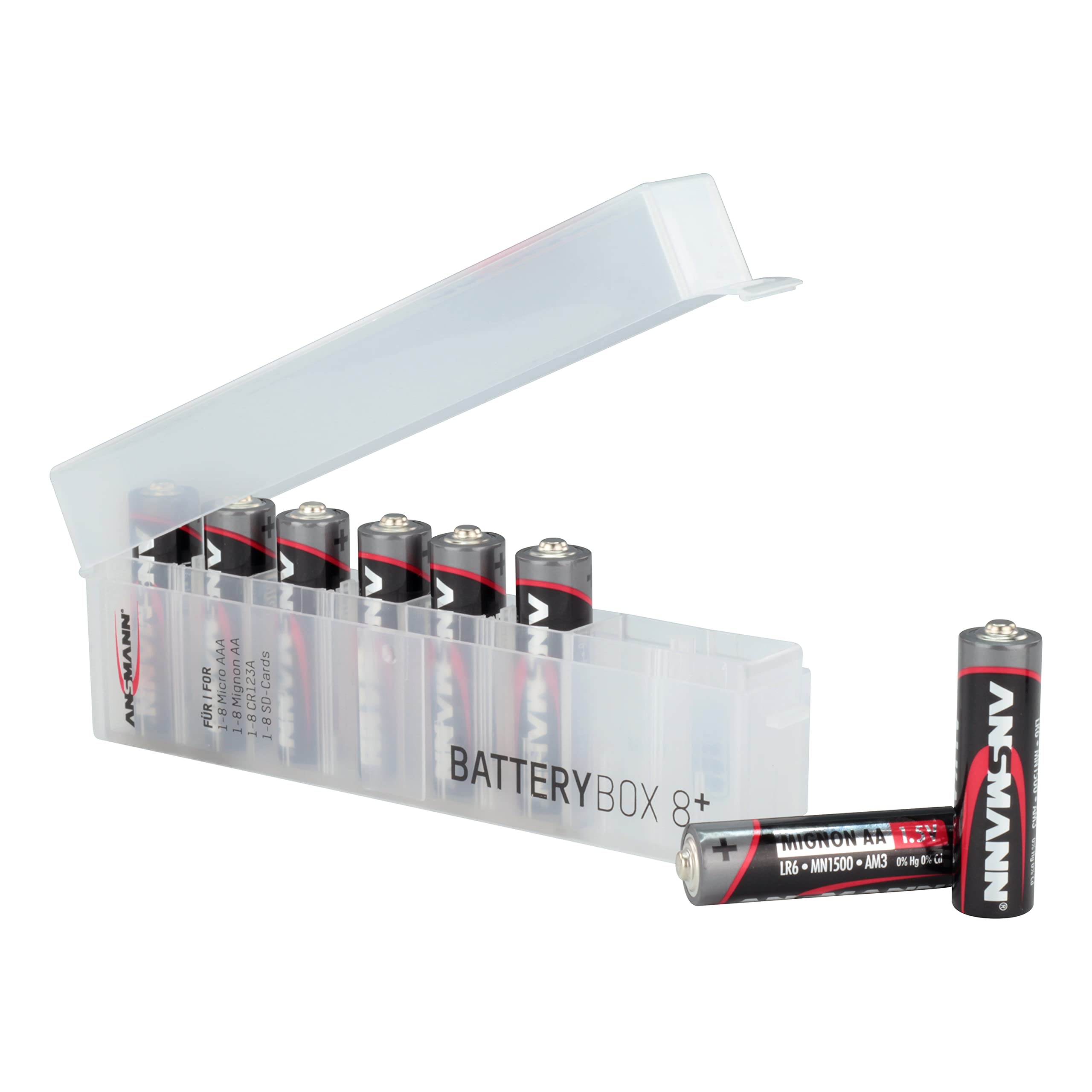 Ansmann 8-Piece AA Battery Storage Case - Durable Plastic Battery Organizer for Home, Office, and Travel Use