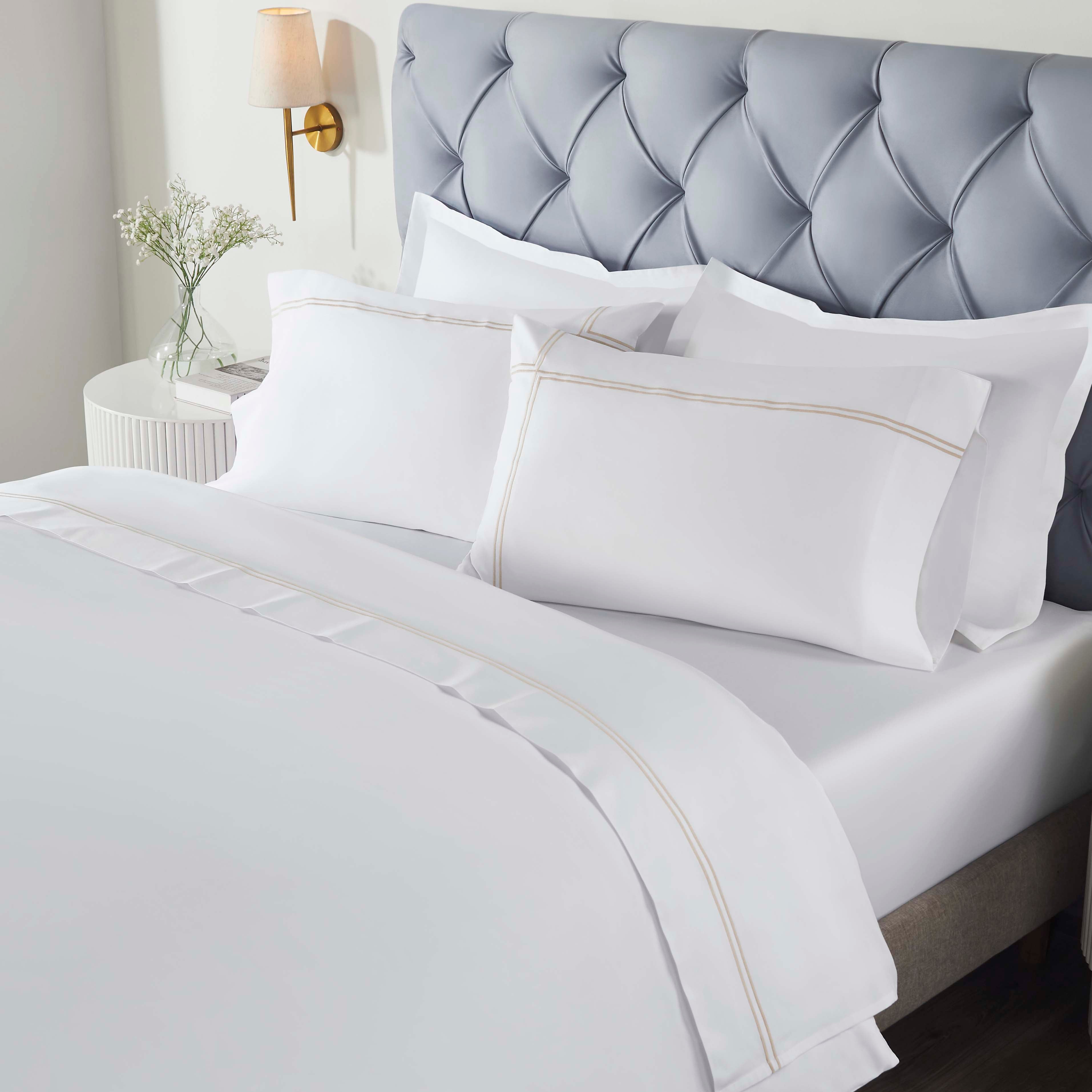 Spring Blooms Cotton 2-Line Embroidered Deep Pocket Bed Sheet Set - Queen Size 4-Piece Set with Pillowcases - Soft Breathable Bedding for Comfortable Sleep & Home Decor