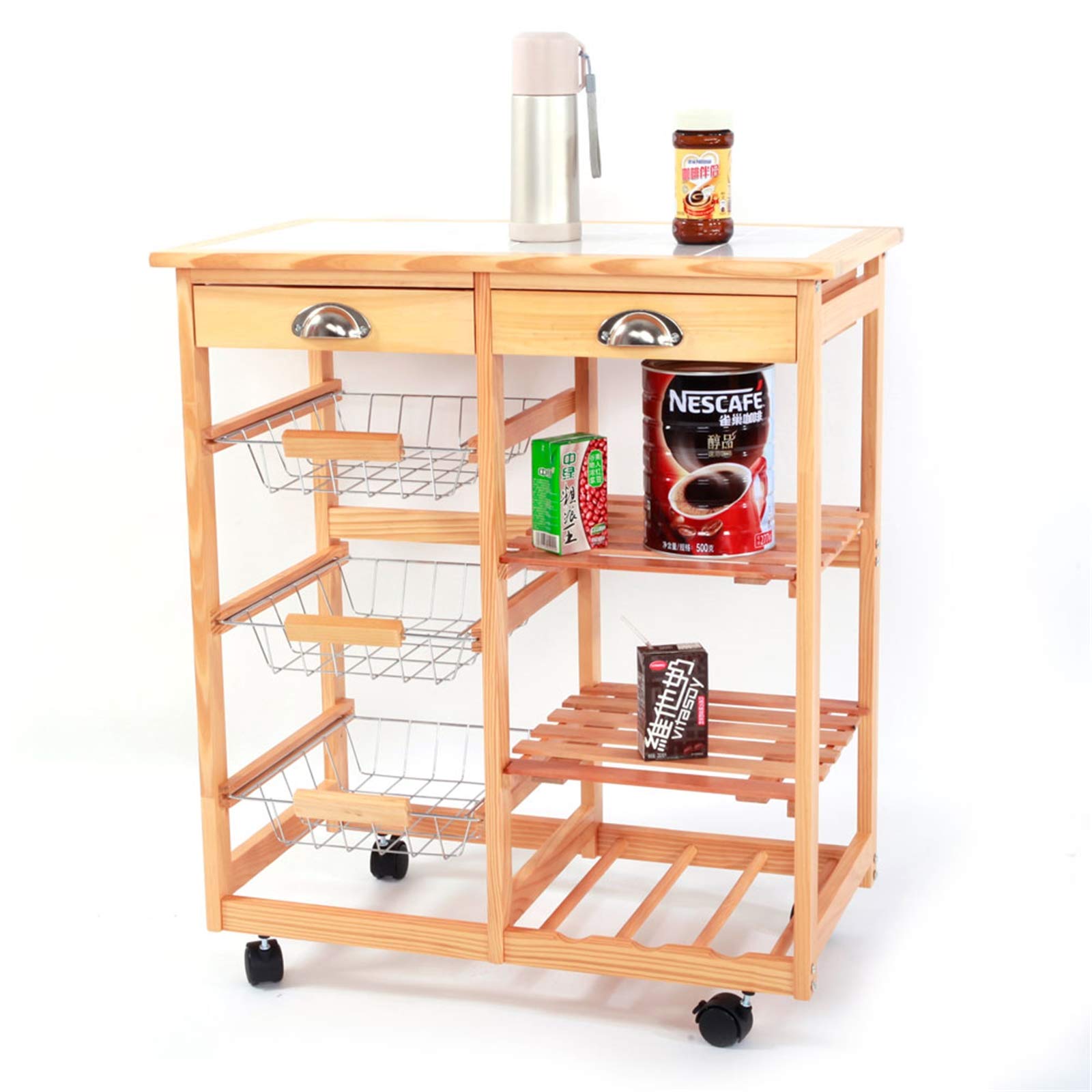 ANEUHS Rolling Kitchen Cart with Storage Drawers & Baskets - Wooden Mobile Kitchen Island Utility Cart with Wheels for Dining Room & Countertop Organization (Burlywood 2) | Perfect for Small Kitchen Storage, Buffet Serving, and Pantry Organization