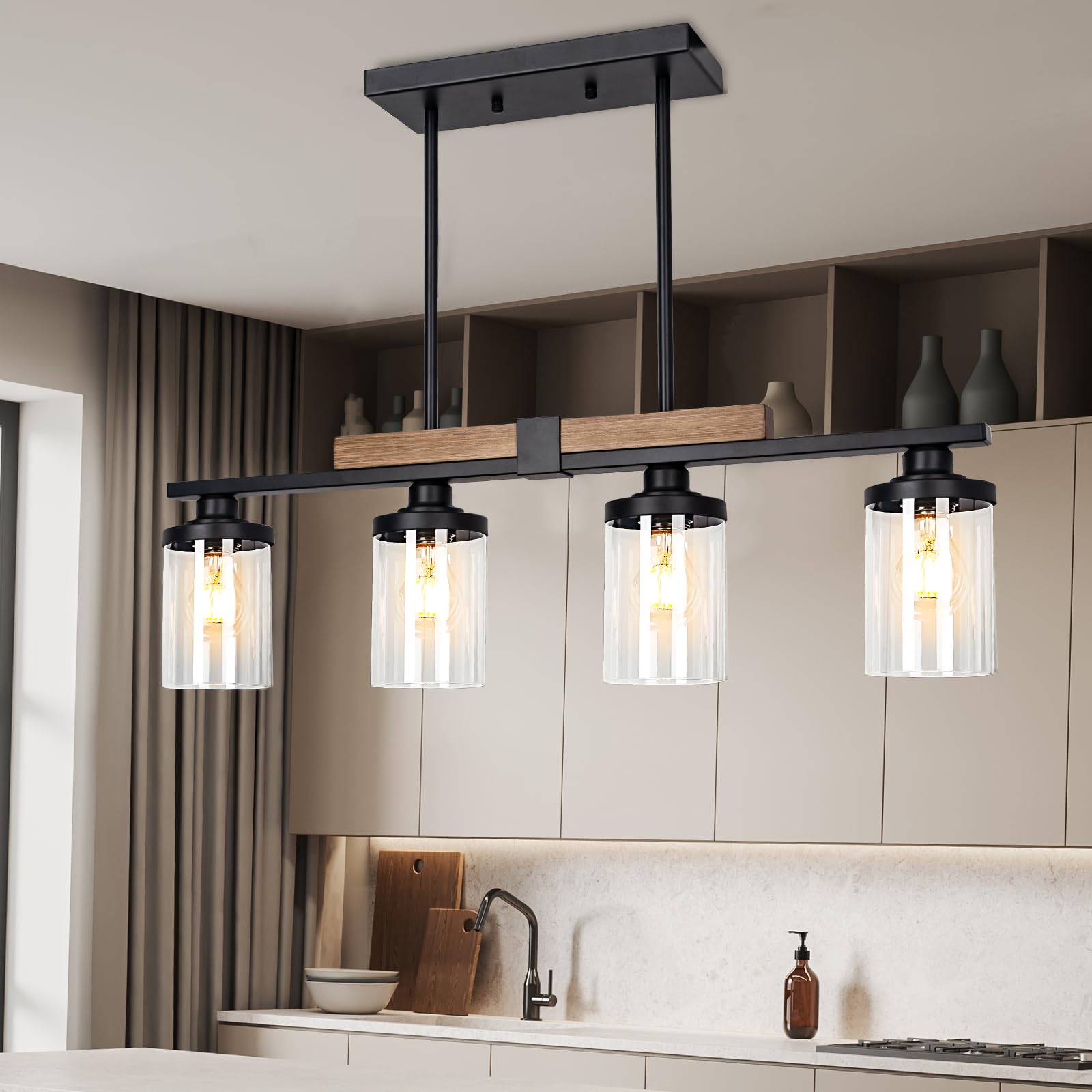 Farmhouse 4-Light Wood Chandelier - Adjustable Height Kitchen Island Pendant Lighting, Modern Industrial Black Ceiling Fixture for Dining Room & Living Room | Perfect Over Table, Breakfast Bar or Open Concept Spaces
