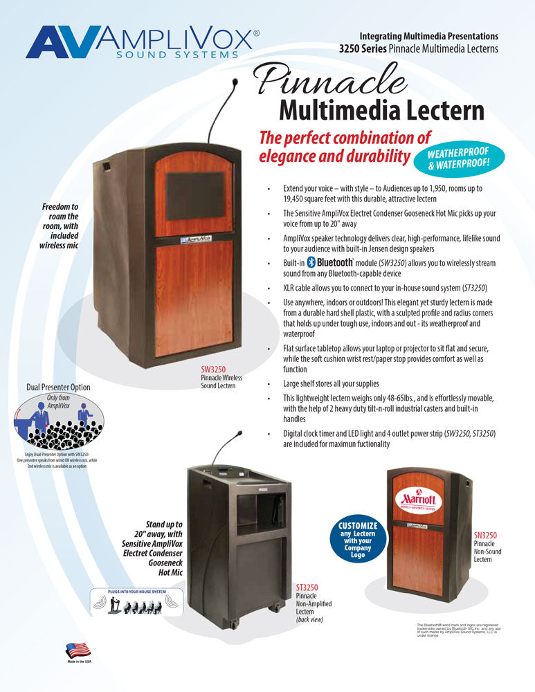Wireless Pinnacle Multimedia Lectern - Portable Podium with Bluetooth Speaker & Microphone for Presentations, Conferences, and Classrooms