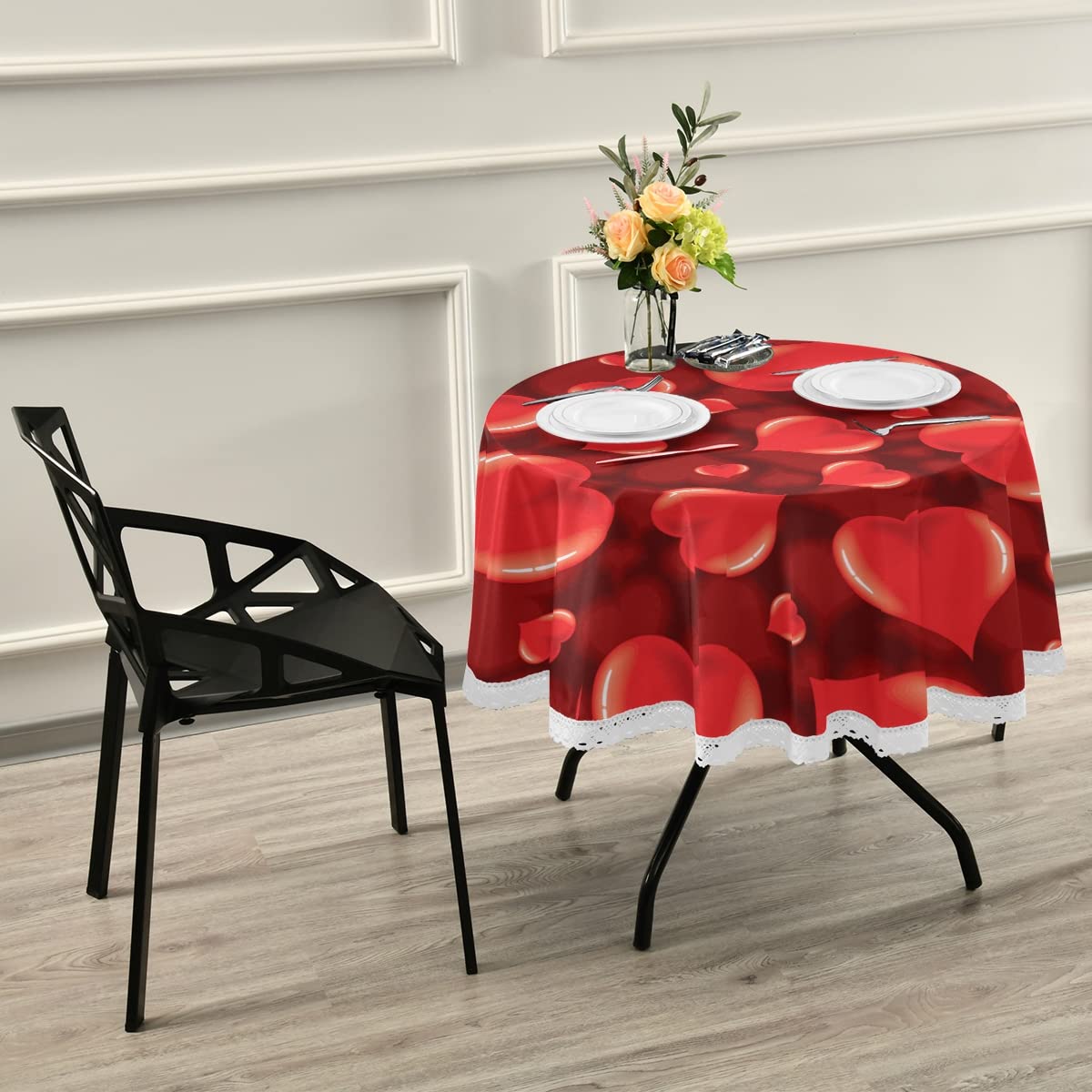 Hearts Cotton Round Tablecloth - Nordic Twill Washable Table Cover for Dining, Holiday Decor, Christmas Party & Picnic - Perfect for Home, Restaurant and Outdoor Gatherings