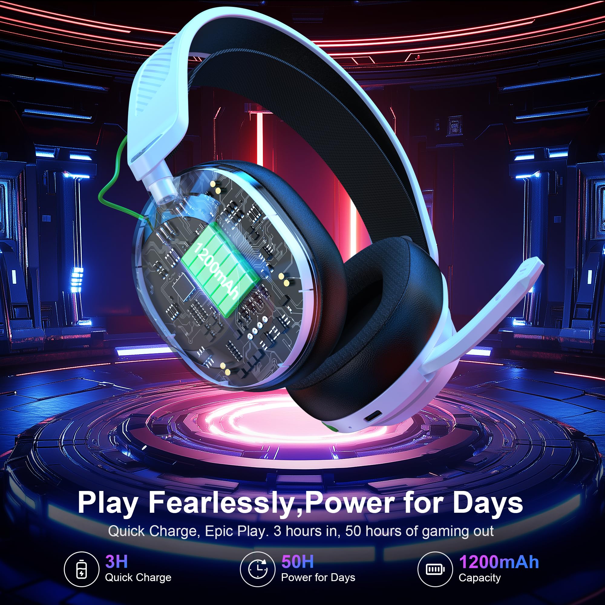 HW10 Wireless Gaming Headset for PS5, PS4, PC - 2.4GHz Bluetooth Headphones with Noise Cancelling Mic, 50Hr Battery Life - Compatible with Switch, Laptop, Mobile & Mac - Cool RGB Lighting (White) - Perfect for Competitive Gaming, Streaming & Online Chat