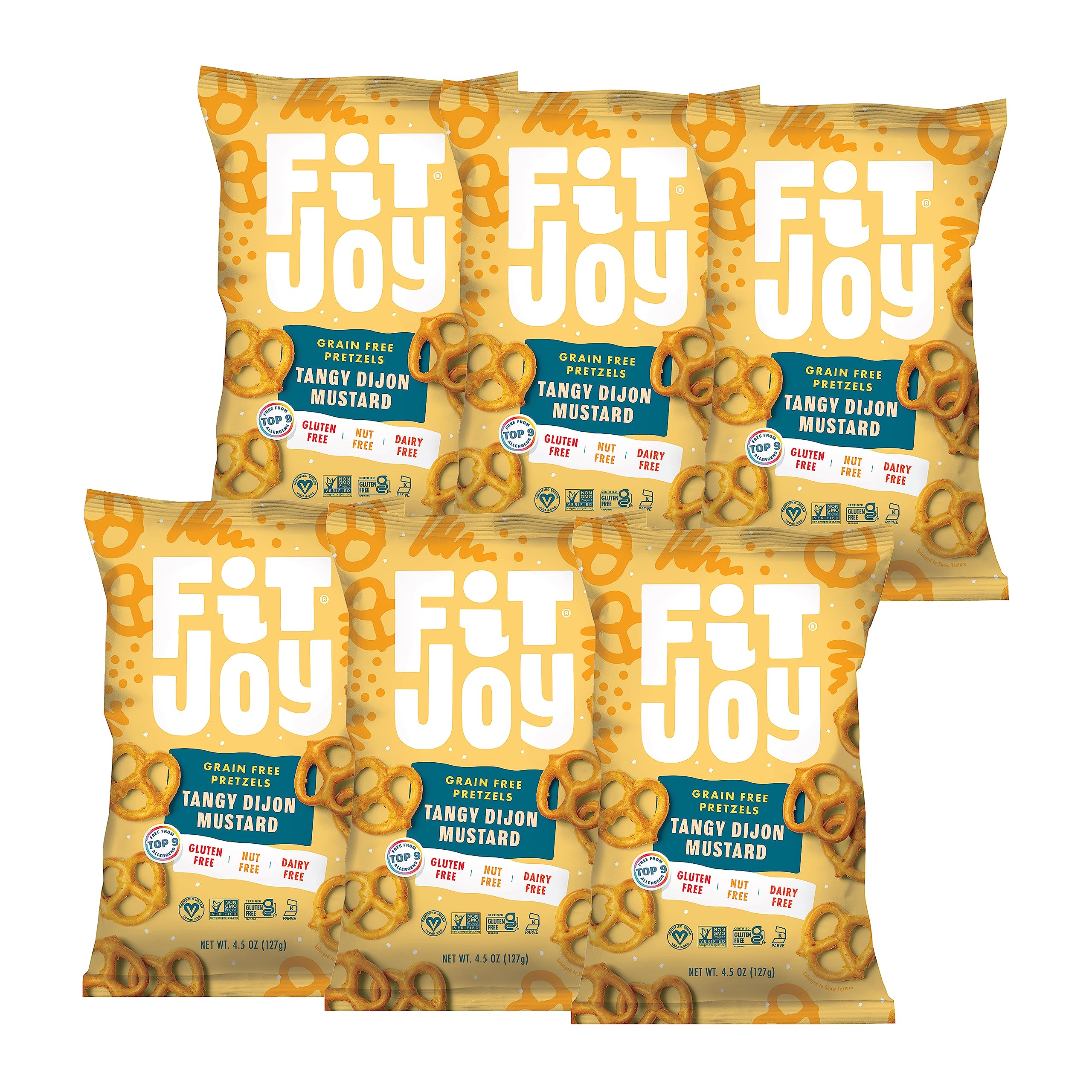FitJoy Gluten Free Pretzels - Tangy Dijon Mustard Twists | Grain Free, Non-GMO, Vegan Certified Snacks | Made in USA, Nut Free, 4.5 Oz (6 Pack) | Perfect for Lunchboxes, Movie Nights & Healthy On-the-Go Snacking