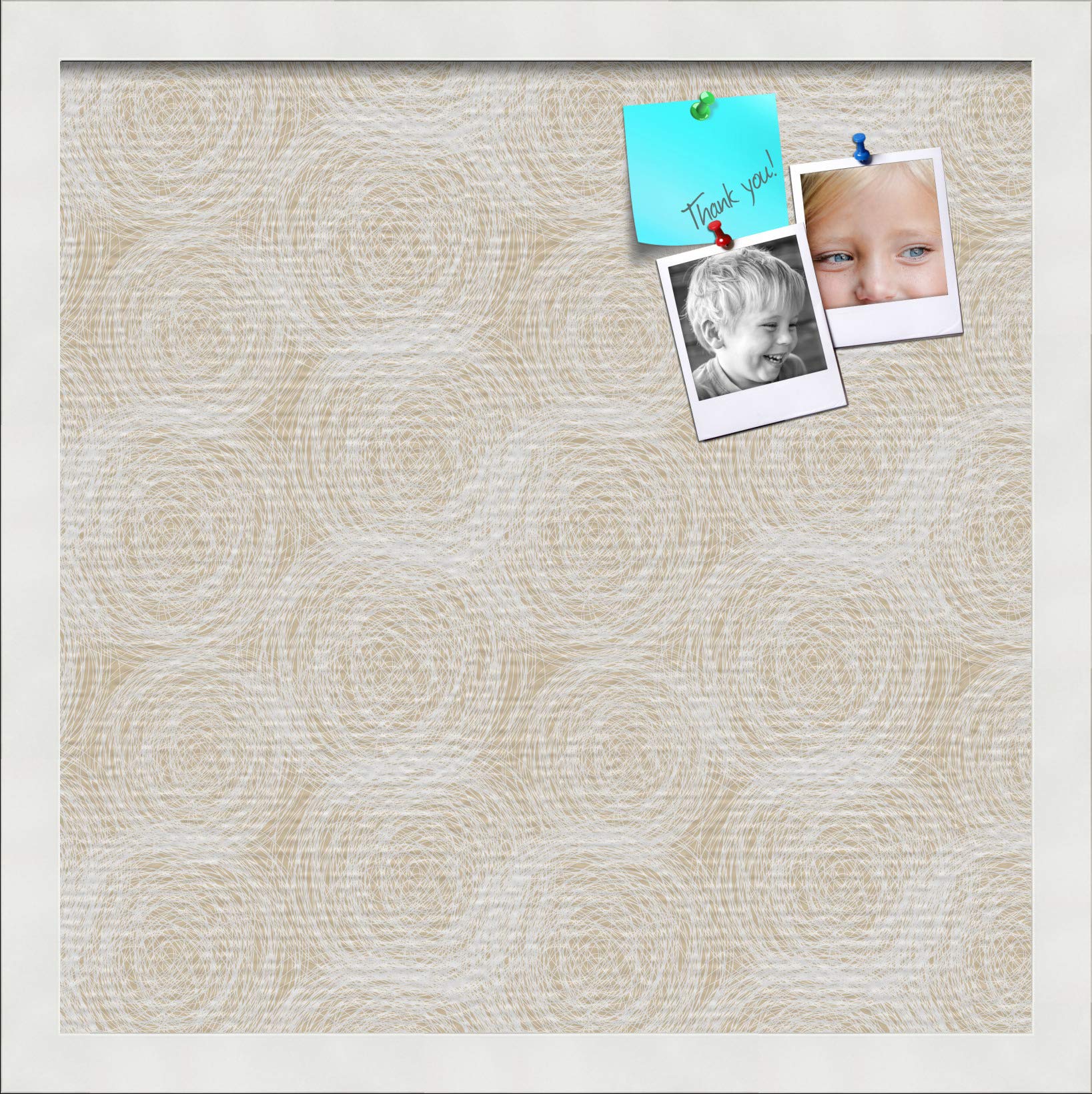 Custom 14x14 Cork Bulletin Board with Fabric Canvas Finish - Framed in Satin White for Home Office Decor | PinPix ArtToFrames Sketch Beige Poster Board (PinPix-1925) - Perfect for Memo Display, Photo Collage & Creative Workspace Organization