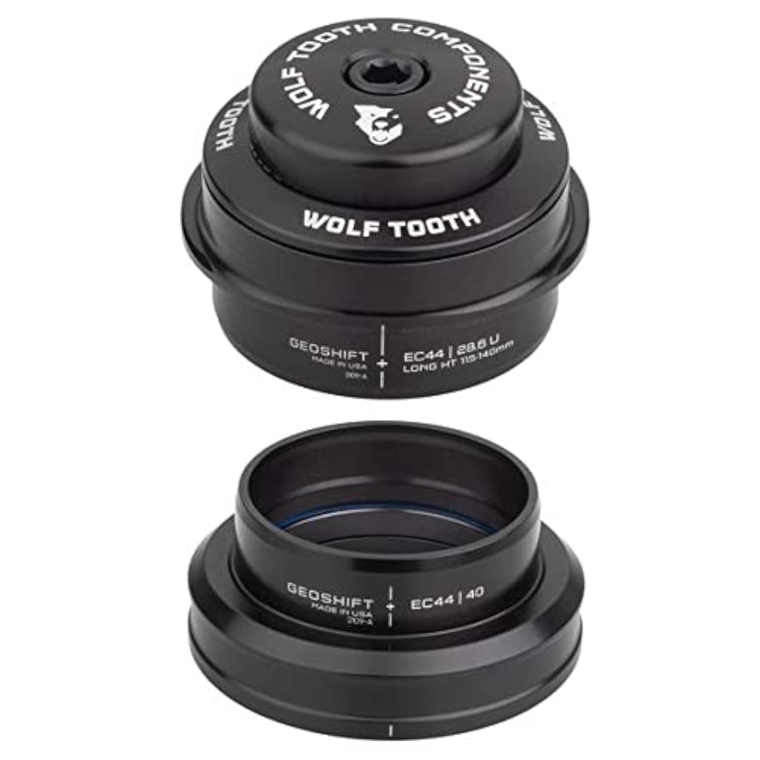 Wolf Tooth EC44 Upper & Lower GeoShift 2 Degree Performance Angle Headset - Long Reach Mountain Bike Headset for Enhanced Steering Precision on Technical Trails