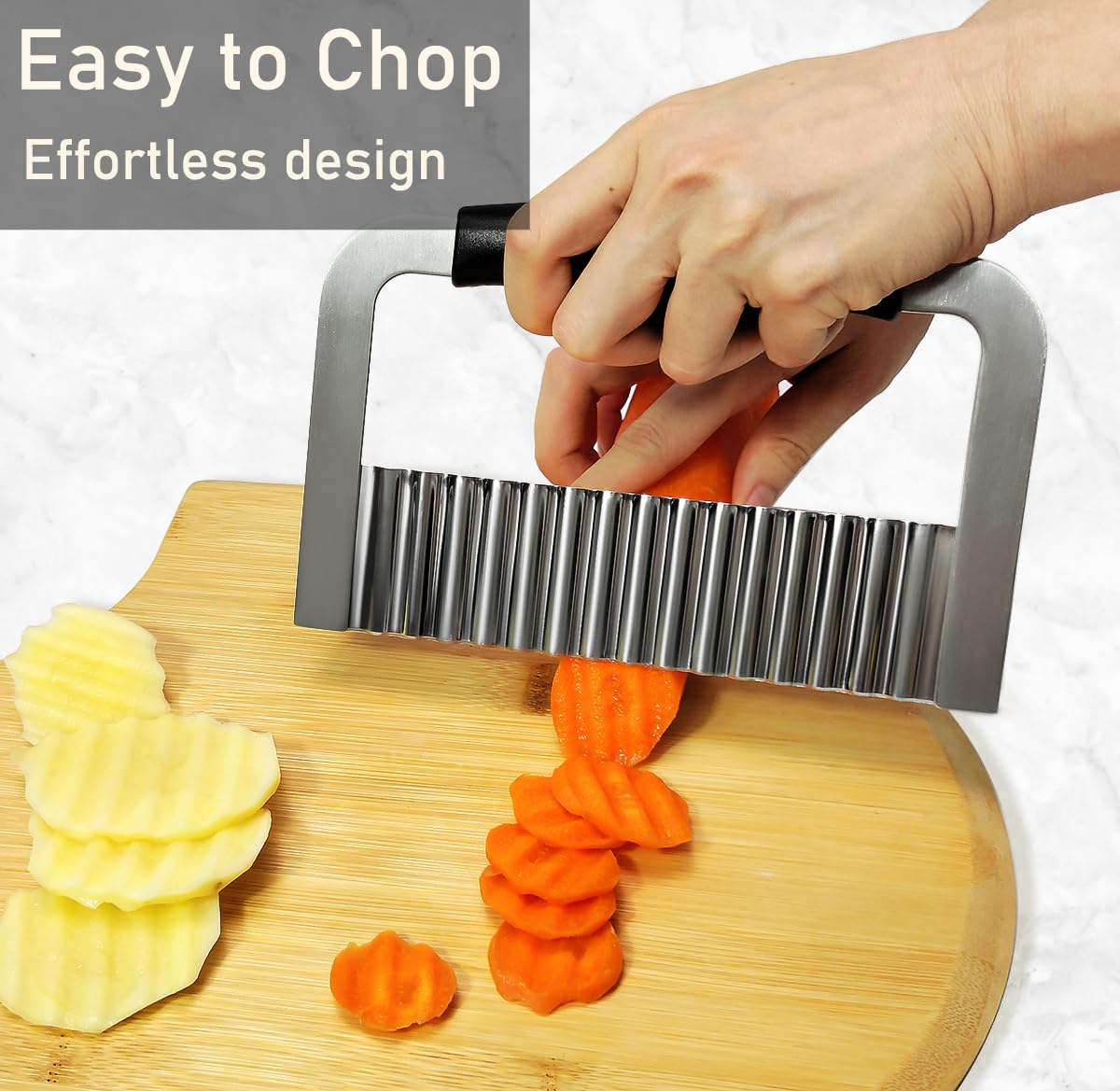 Stainless Steel Crinkle Cutter - Heavy Duty Wavy Potato & Vegetable Slicer with Wooden Handle - Perfect for Carrots, Cucumbers & Veggies - Ideal for Home Cooking, Meal Prep & Professional Kitchens (Black)