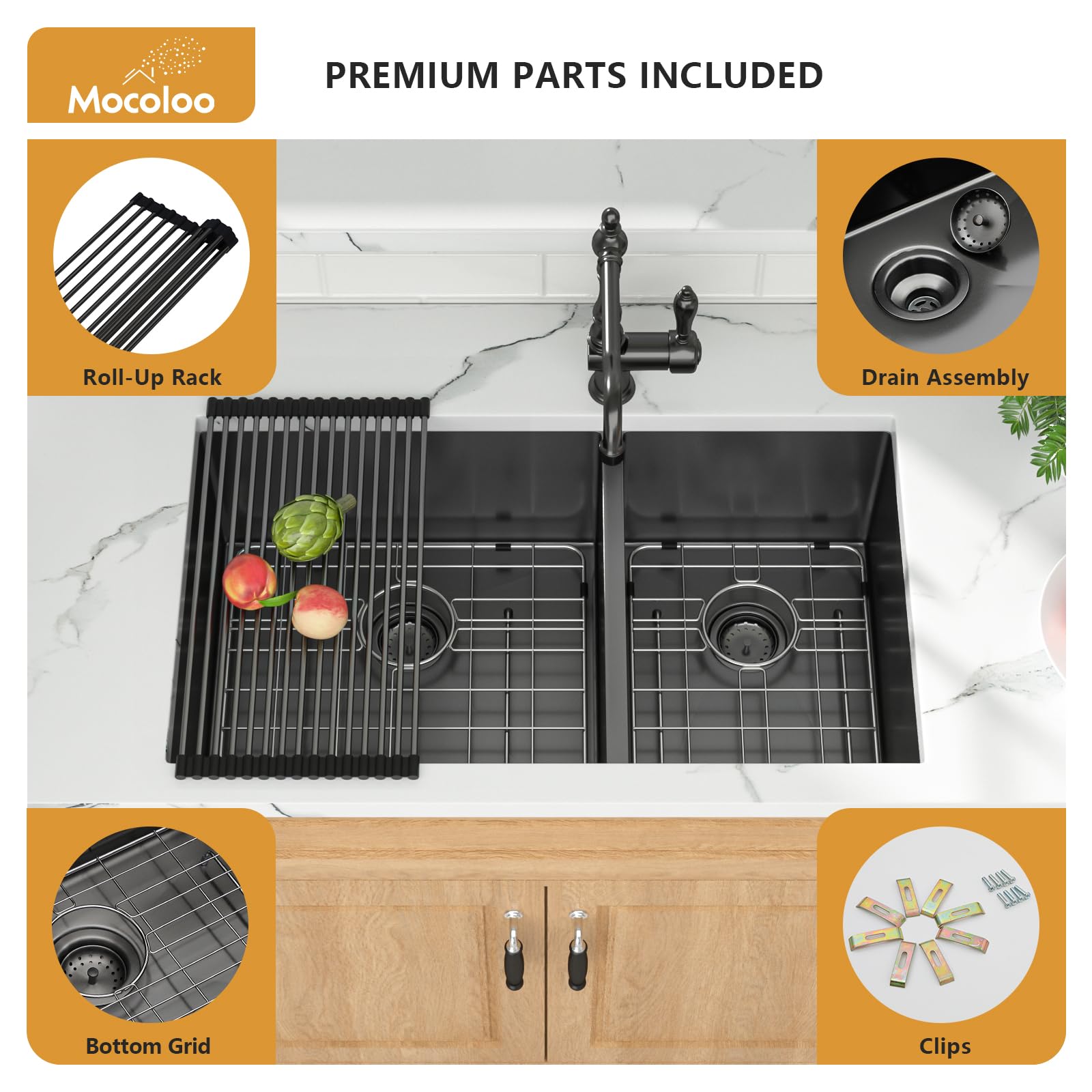 Mocoloo 33 Inch Undermount Double Bowl Kitchen Sink - 60/40 Split, Nano Gunmetal Black, 16 Gauge Stainless Steel, Handmade (33