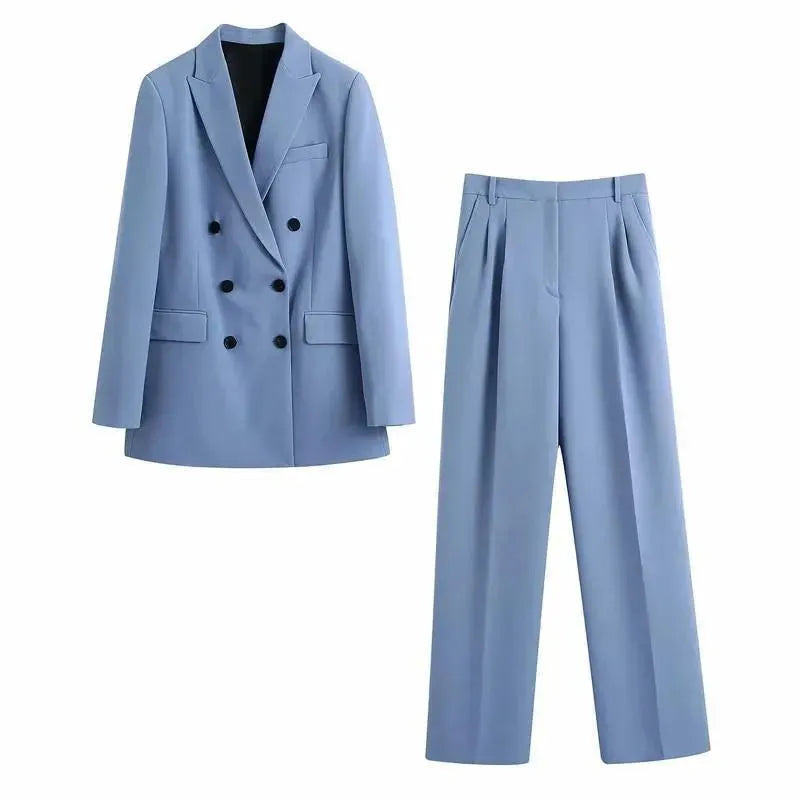 Stylish Women's Double Breasted Pantsuit Set - Professional Blazer & Trousers for Office, Business Meetings & Formal Events