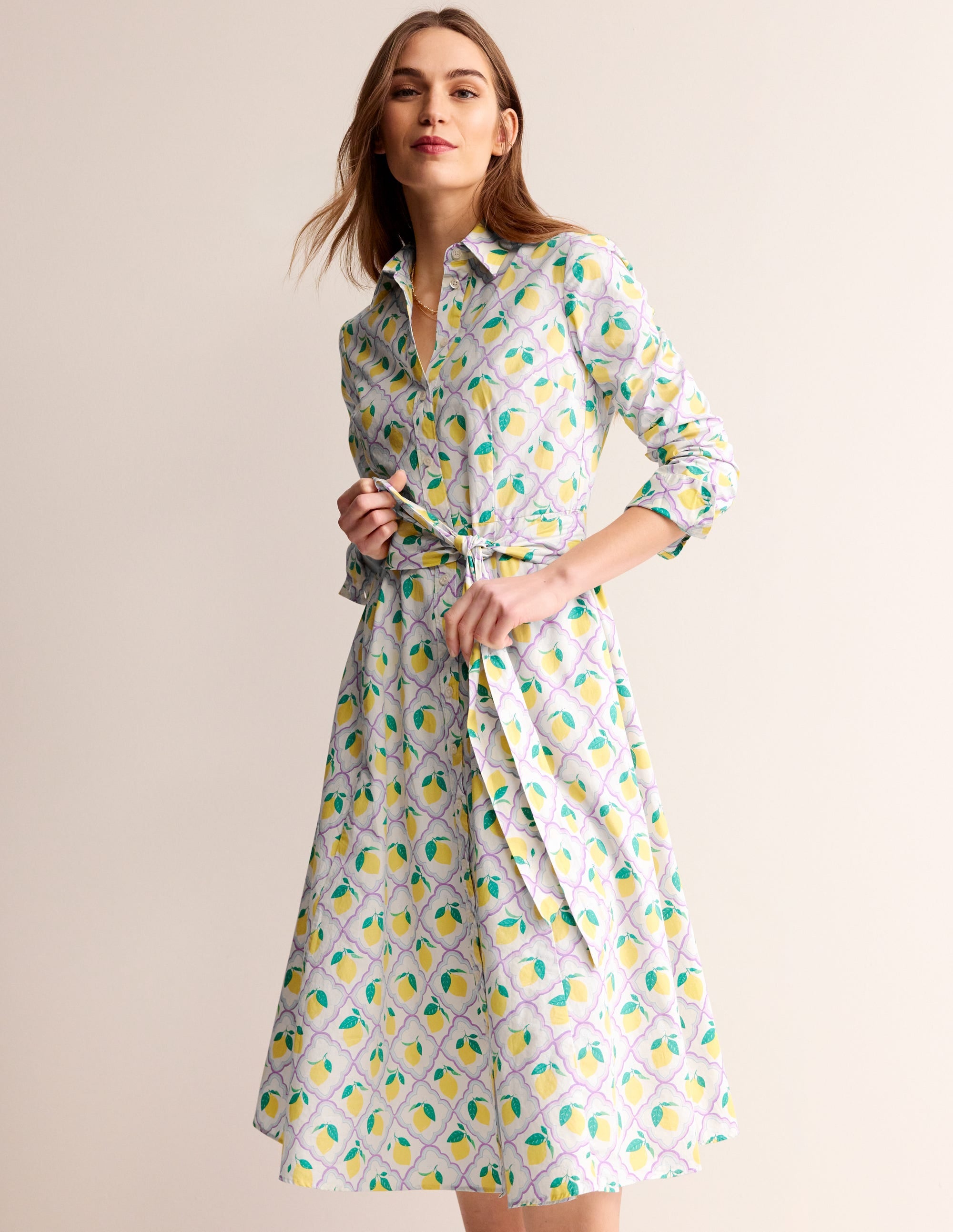 Amy Cotton Midi Shirt Dress in Lavender & Lemon Grove - Casual Summer Dress for Women, Perfect for Beach, Picnic, and Office Wear