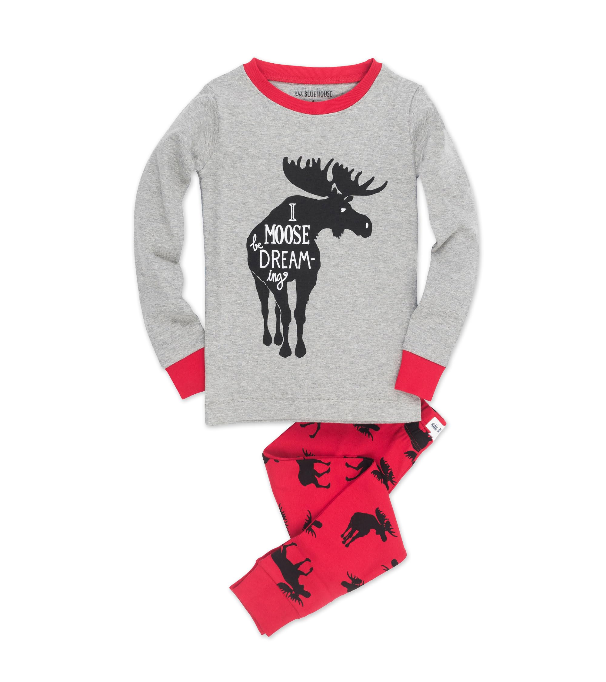 Unisex Kids' Long Sleeve Printed Pajama Set with Moose Design - Red Cotton Sleepwear for Boys & Girls Age 3 | Cozy Winter Nightwear for Bedtime & Lounging