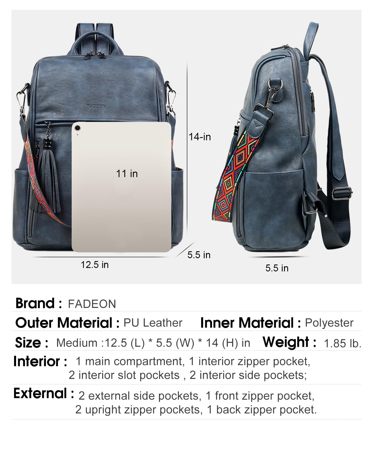FADEON Women's Leather Backpack Purse - Fashion PU Shoulder Bag with Tassel for Travel & Work