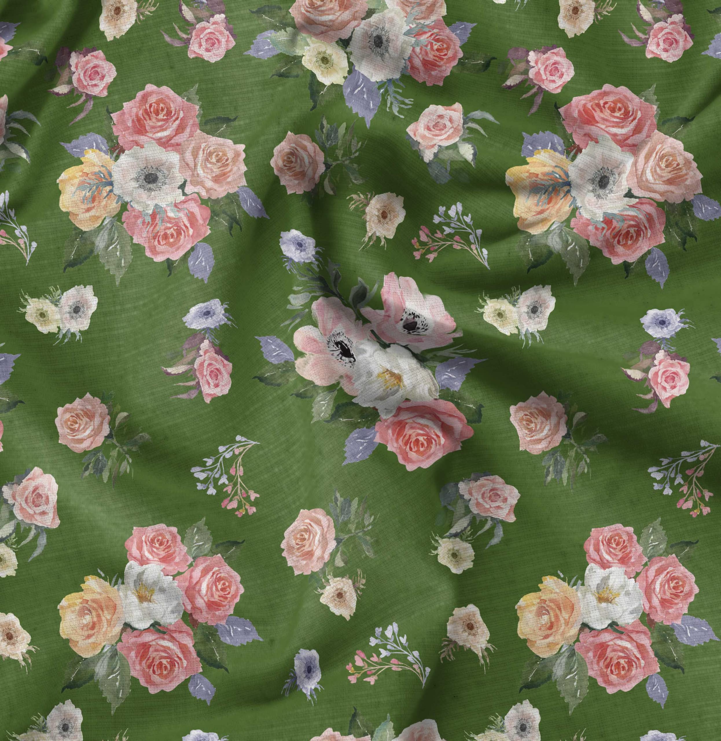 Soimoi Moss Georgette Green Fabric by The Yard - 42 Inch Wide Floral Printed Fabric with Anemone & Roses Botanical Design for DIY Crafts, Dresses, Curtains, Home Decor and Sewing Projects
