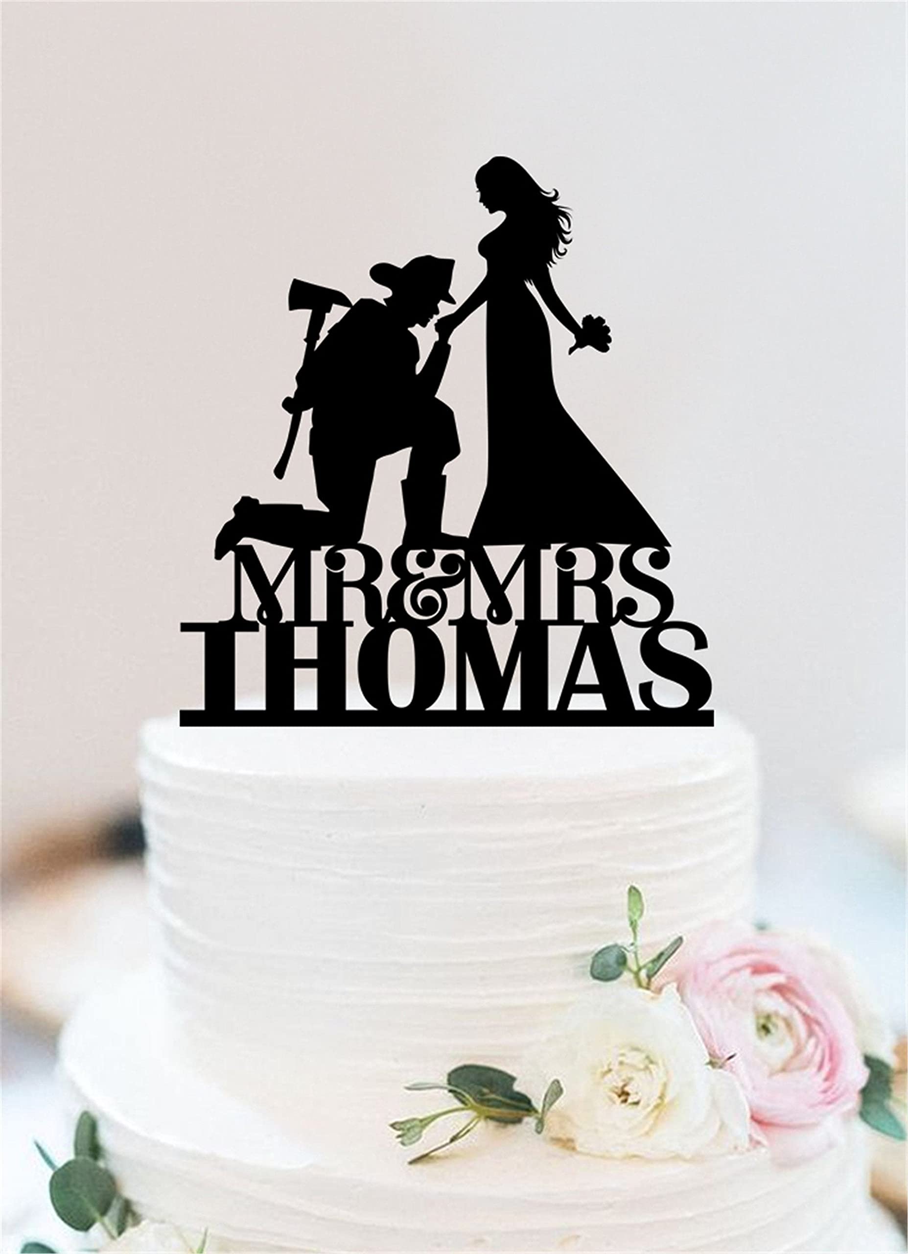 Custom Firefighter Wedding Cake Topper - Personalized Name & Color Rustic Decor for Fireman and Bride - Perfect for Firefighter Themed Weddings, Anniversaries & Special Celebrations