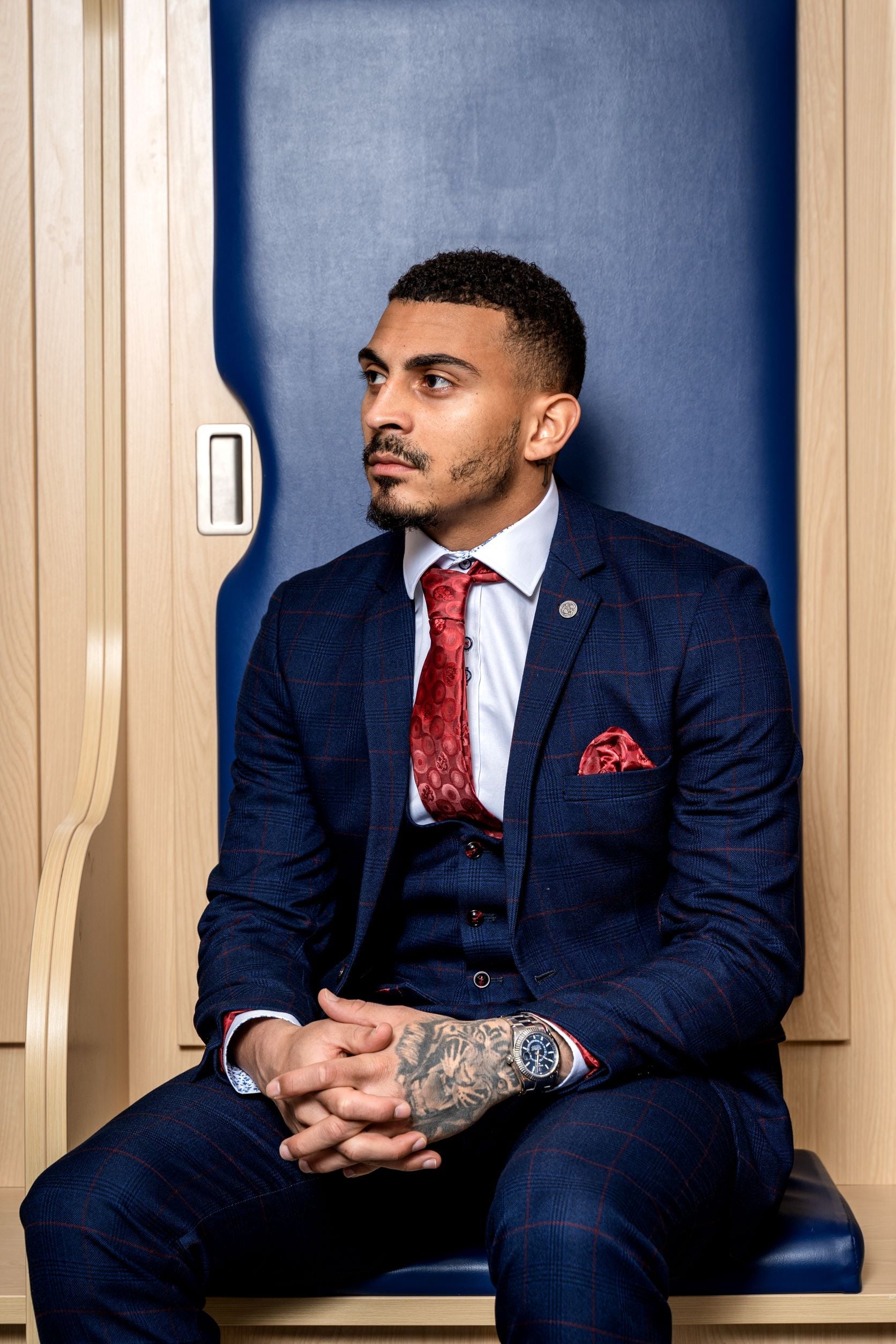 Edinson Navy Wine Check Suit for Men - Premium Wool Blend Business Suit - Formal Office Attire - Inspired by Karlan Grant - Perfect for Weddings, Business Meetings & Special Occasions