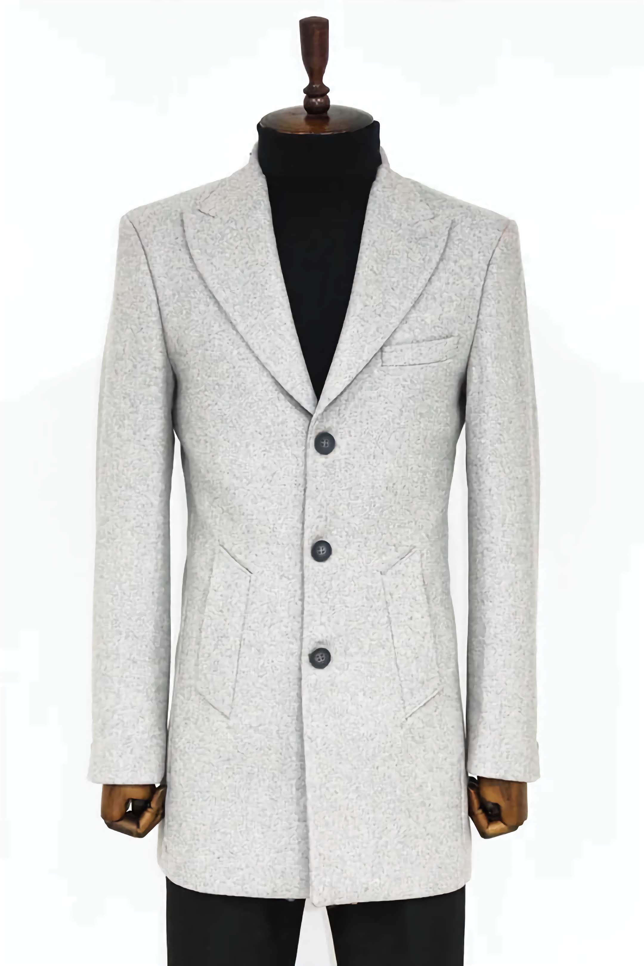 Slim Fit Light Gray Wool Peacoat for Men - Classic Wide Lapel Winter Coat for Business, Office & Formal Occasions