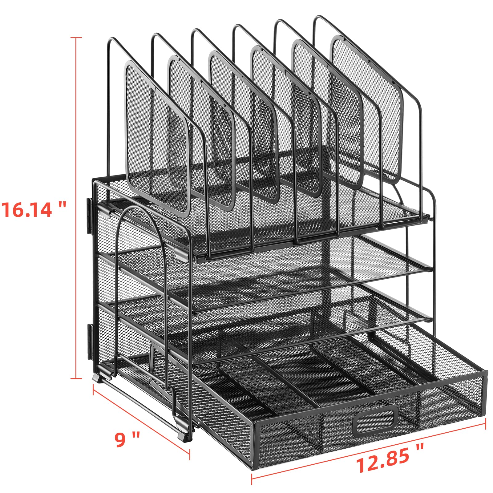 Marbrasse 4-Tier Mesh Desk Organizer with Drawer - 5 Vertical File Holders & 2 Pen Holders - Multifunctional Office Desktop Storage Solution for Home, Office, and Workspace Organization