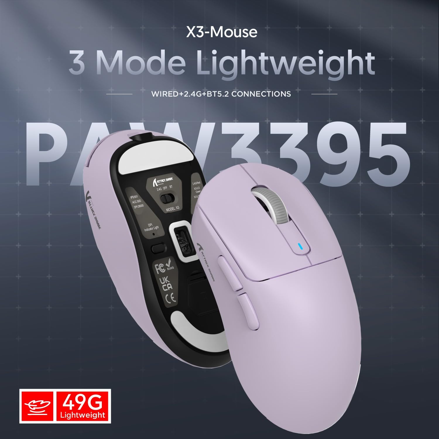 Attack Shark X3 Wireless Gaming Mouse - 49g Ultra Lightweight Ergonomic Mouse with PAW3395 Sensor (26K DPI) | Triple Mode Connectivity | 200 Hour Battery Life | 8 Programmable Buttons | Perfect for FPS, MOBA & MMO Games on PC, Laptop & Mac (Purple) - Ideal for Esports, Office Work & Home Gaming Setup