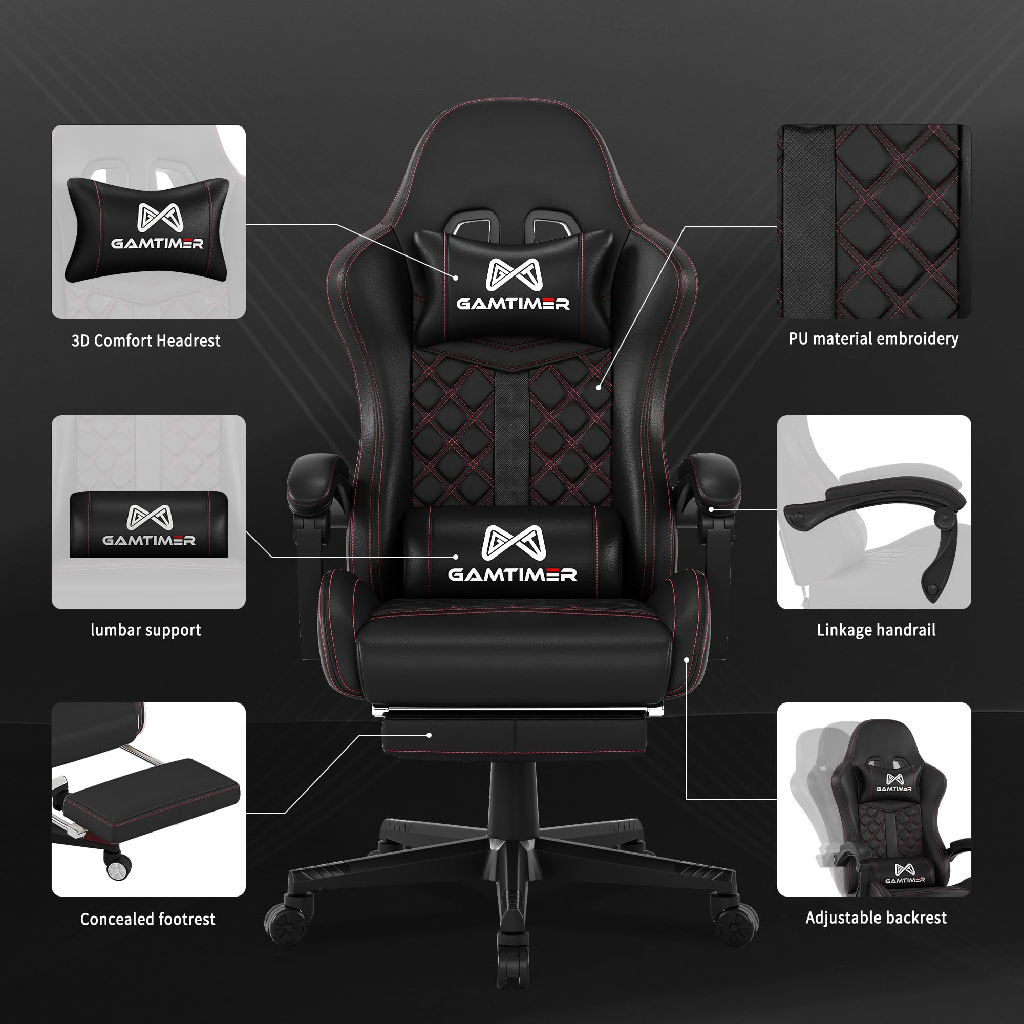 Ergonomic Gaming Chair with Adjustable Lumbar Support & Headrest - Breathable PU Leather Computer Chair with Footrest, 360° Swivel & Reclining Backrest for Home Office, Streaming, and Esports - Black