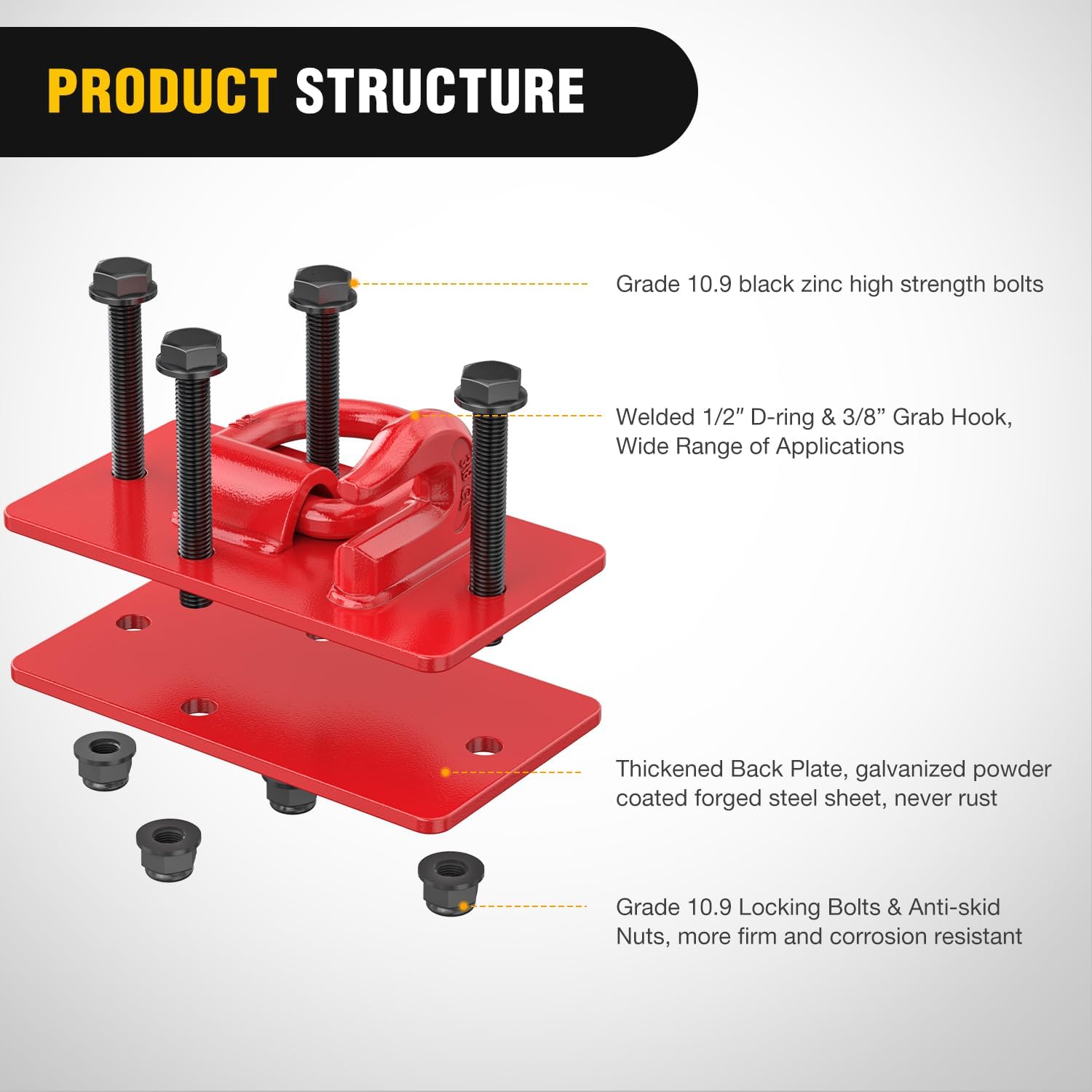 Heavy Duty Tractor Bucket Hooks with Tie Down Ring - Red (2 Pack) - Perfect for Farm Equipment, Construction & Towing Applications