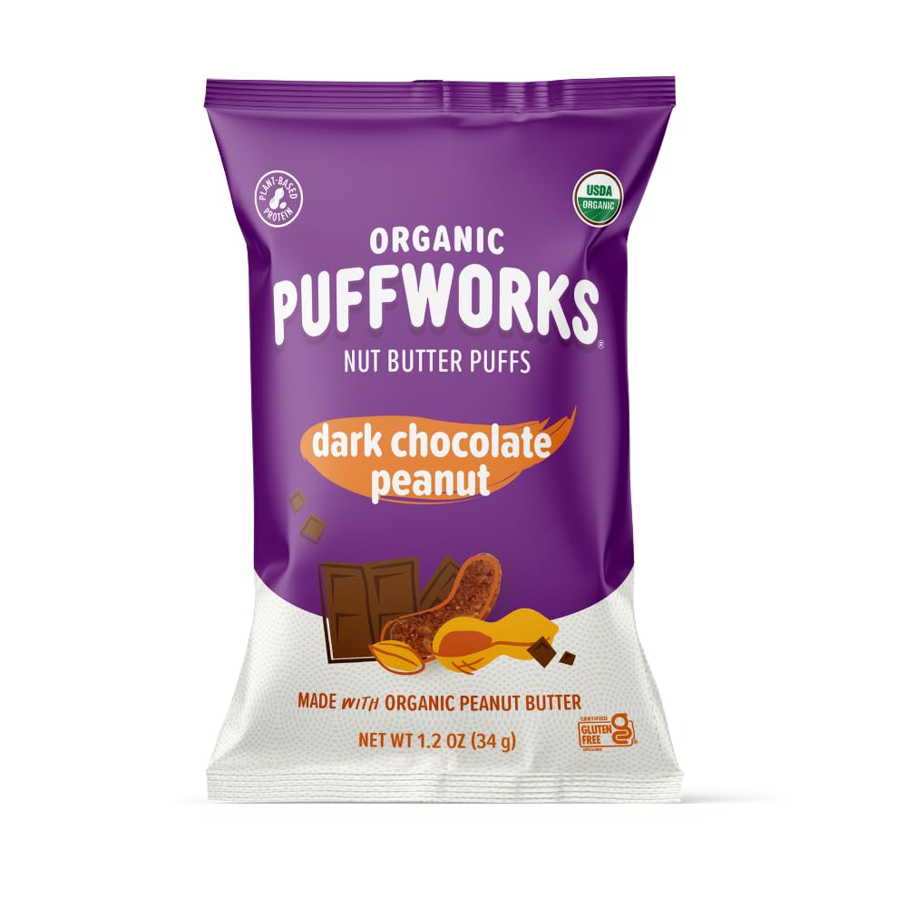 Organic Dark Chocolate Peanut Butter Puffs by Puffworks - 12 Pack (1.2 oz Each) | Vegan, Gluten-Free, Kosher Plant-Based Protein Snack for Kids & Adults | Perfect for Lunchboxes, Hiking & Healthy On-the-Go Snacking