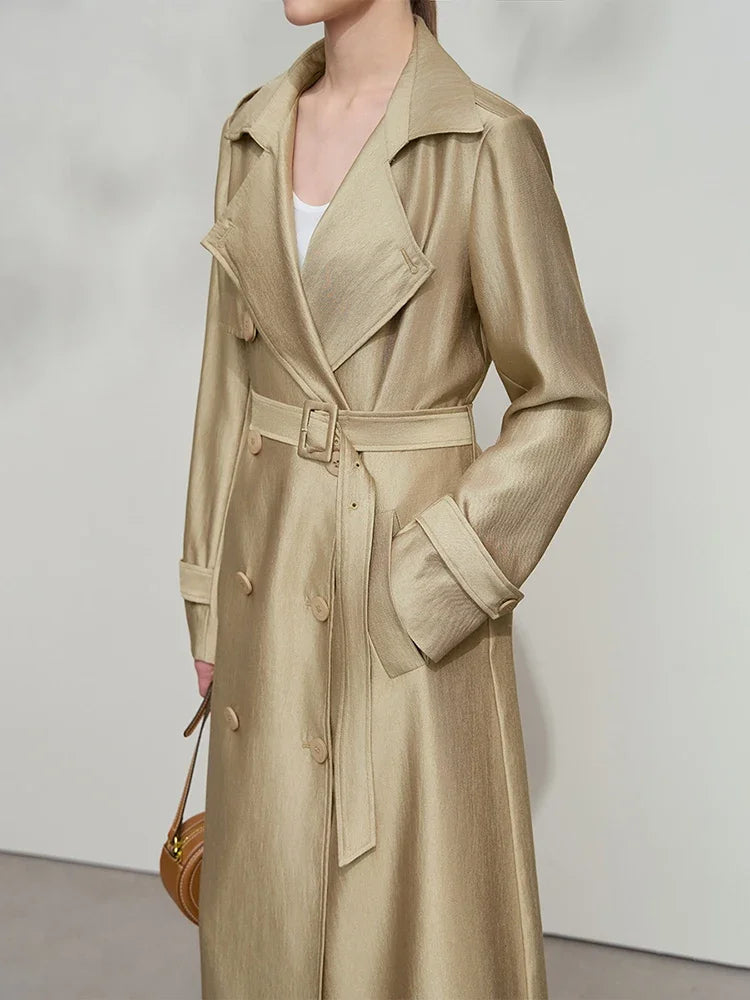 Minimalist Wide Waist Trench Coat for Women - 2025 Spring Summer Fashion Long Double Breasted Overcoat with Turn Down Collar | Office Wear, Business Casual, Spring Outerwear