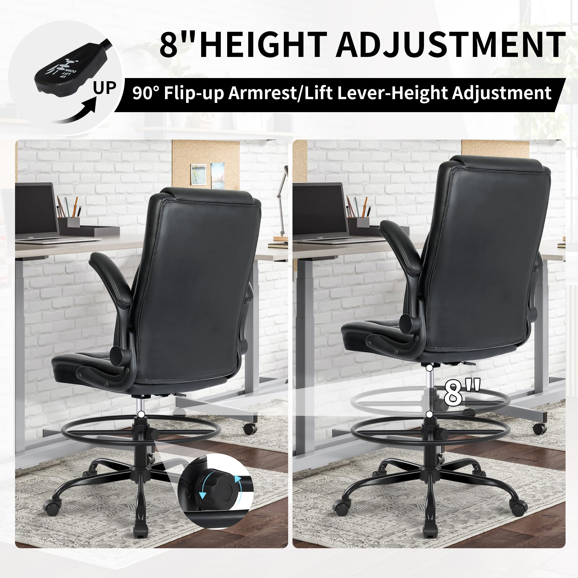 Ergonomic Adjustable Height Tall Office Chair - Leather Drafting Chair for Standing Desk, Home & Office Use - Perfect for Architects, Designers & Long Work Hours