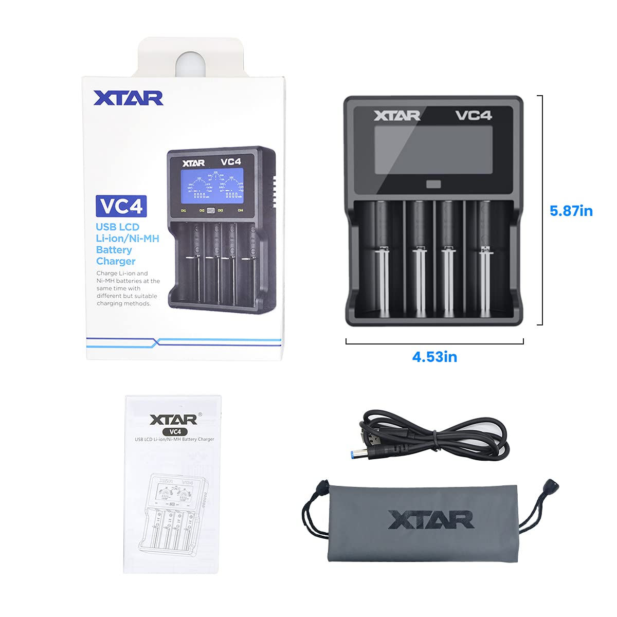 XTAR VC4 Battery Charger for Li-ion, Ni-MH, AA, AAA - Fast USB Charging Station with LCD Display | Perfect for Vaping, Flashlights, RC Toys & Digital Cameras (US Version)