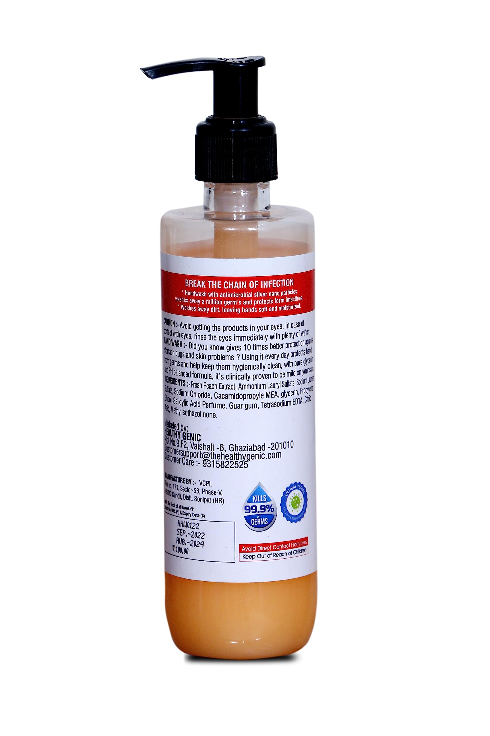 Healthy Genic Peach Scented Liquid Hand Soap - 250ml Bottle with Dispenser | Kills Germs, Removes Dirt & Softens Hands | Ideal for Home, Office & Travel Use