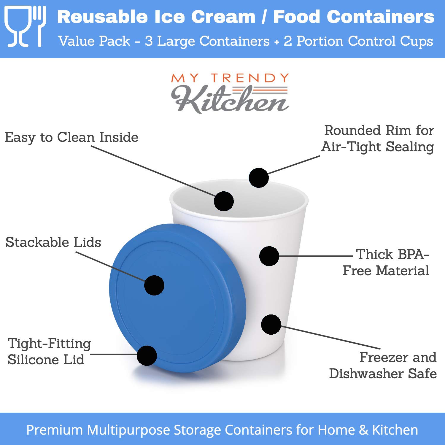 BPA-Free Ice Cream Storage Containers with Silicone Lids (3-Pack, 1 Quart Each) + 2 Serving Cups – Dishwasher Safe, Reusable Freezer Tubs for Homemade Ice Cream, Gelato & Desserts – Perfect for Kitchen Storage & Party Serving