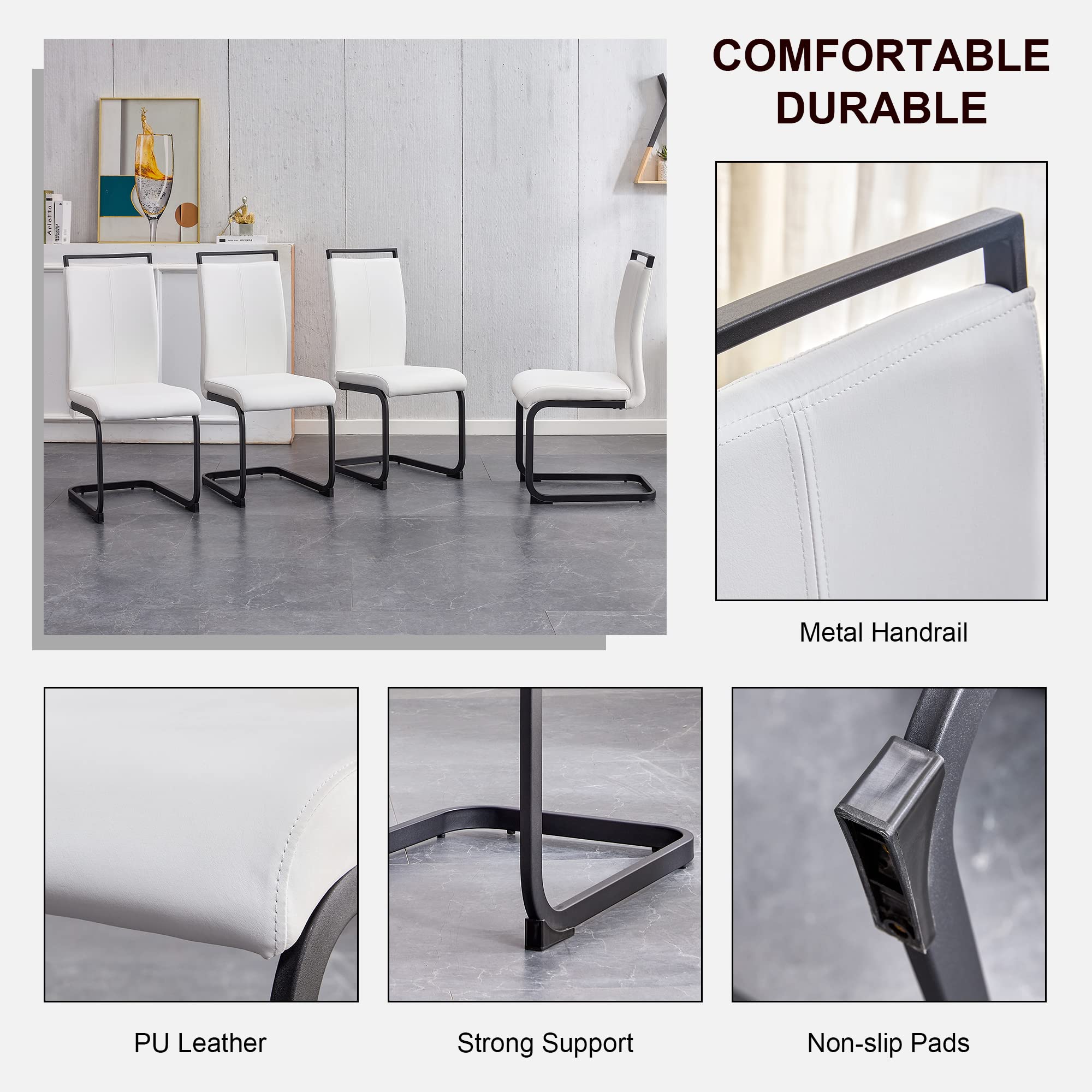 Baysitone Modern Dining Chairs Set of 4 - Black Frame Faux Leather Padded High Back Side Chairs for Kitchen, Dining Room & Living Room - Comfortable Seating for Family Meals, Entertaining Guests & Home Decor (White)