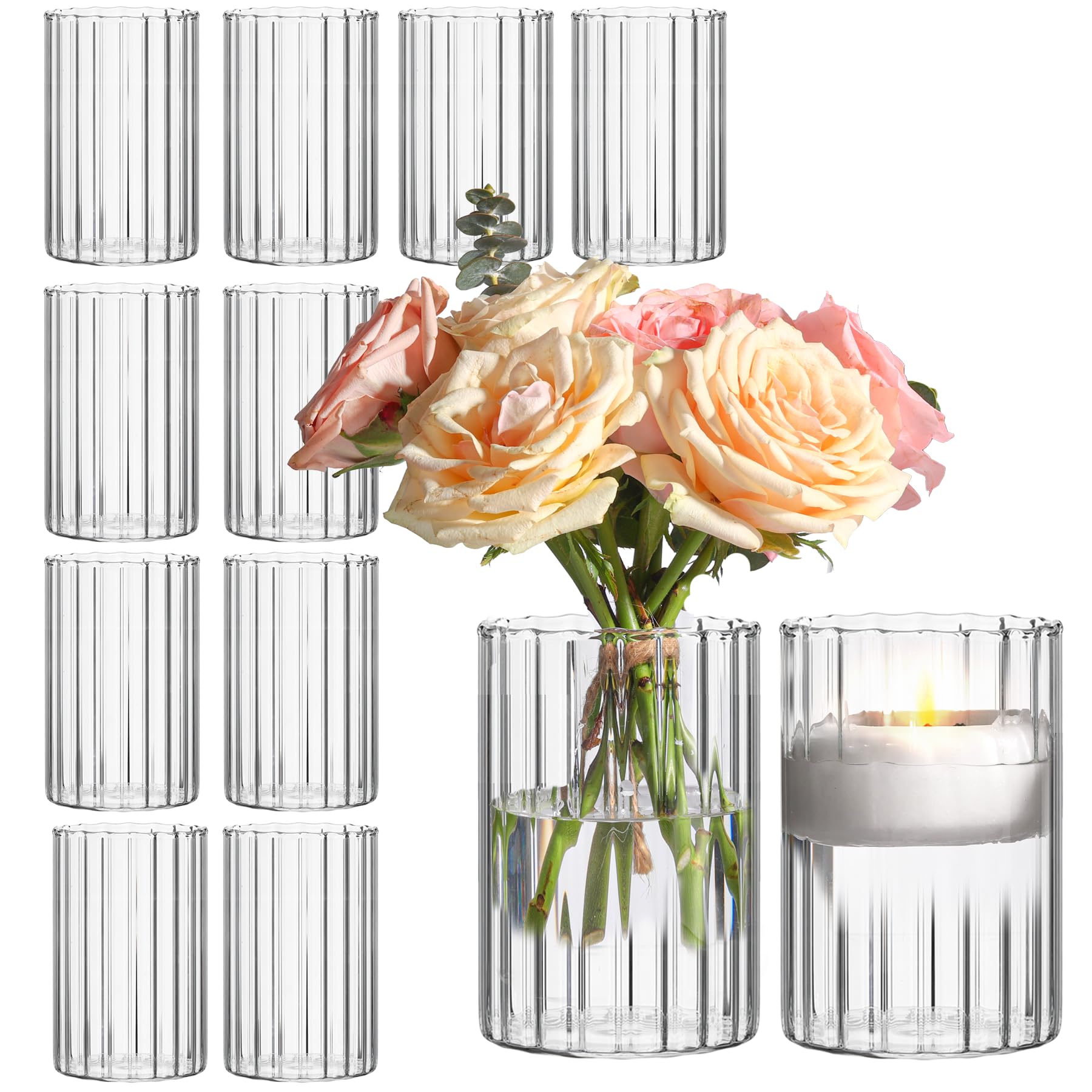 ComSaf 12-Pack Clear Glass Cylinder Vases - 6 Inch Tall Ribbed Bud Vases for Wedding Centerpieces, Floral Arrangements & Home Decor - Bulk Hurricane Candle Holders for Parties, Dining Tables & Event Decorations