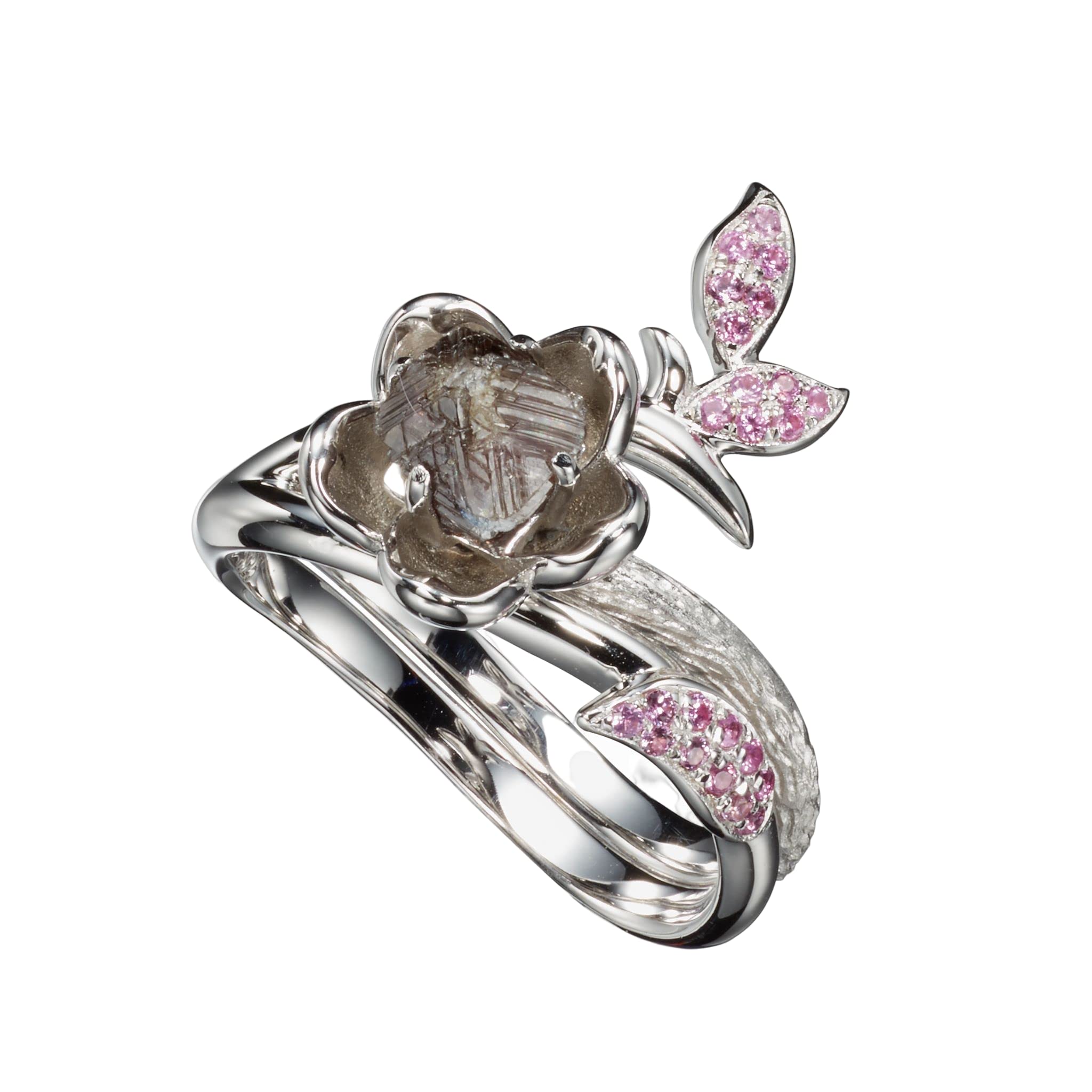 Majade Pink Sapphire Raw Diamond Engagement & Wedding Ring Set - Handmade 14K White Gold Nature-Inspired Floral Bridal Jewelry | Perfect for Romantic Proposals, Anniversary Gifts & Unique Wedding Bands