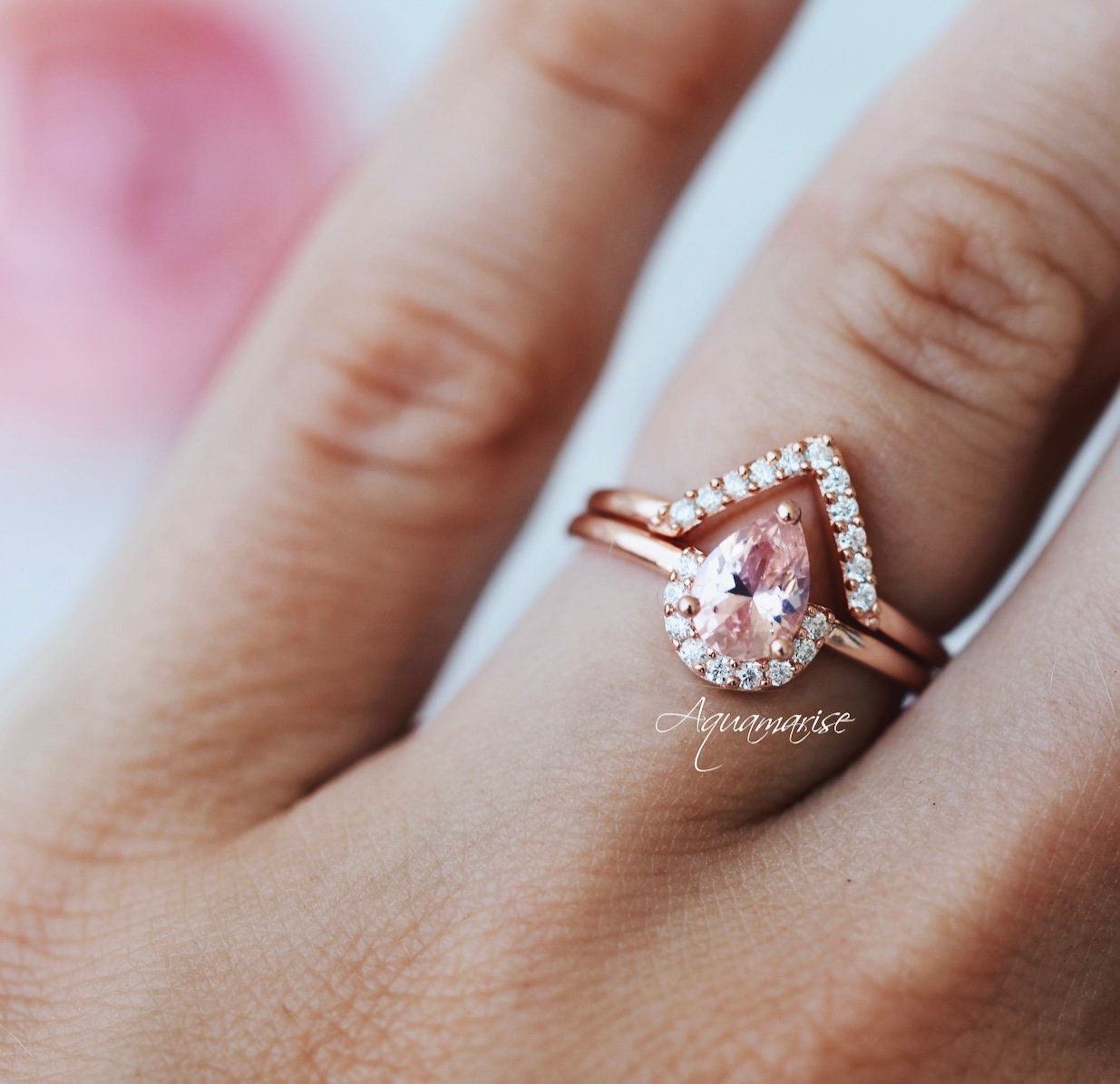 Aria Morganite Ring Set 14K Rose Gold Vermeil - Elegant Stackable Rings for Women, Perfect for Engagement, Wedding, Anniversary & Everyday Wear