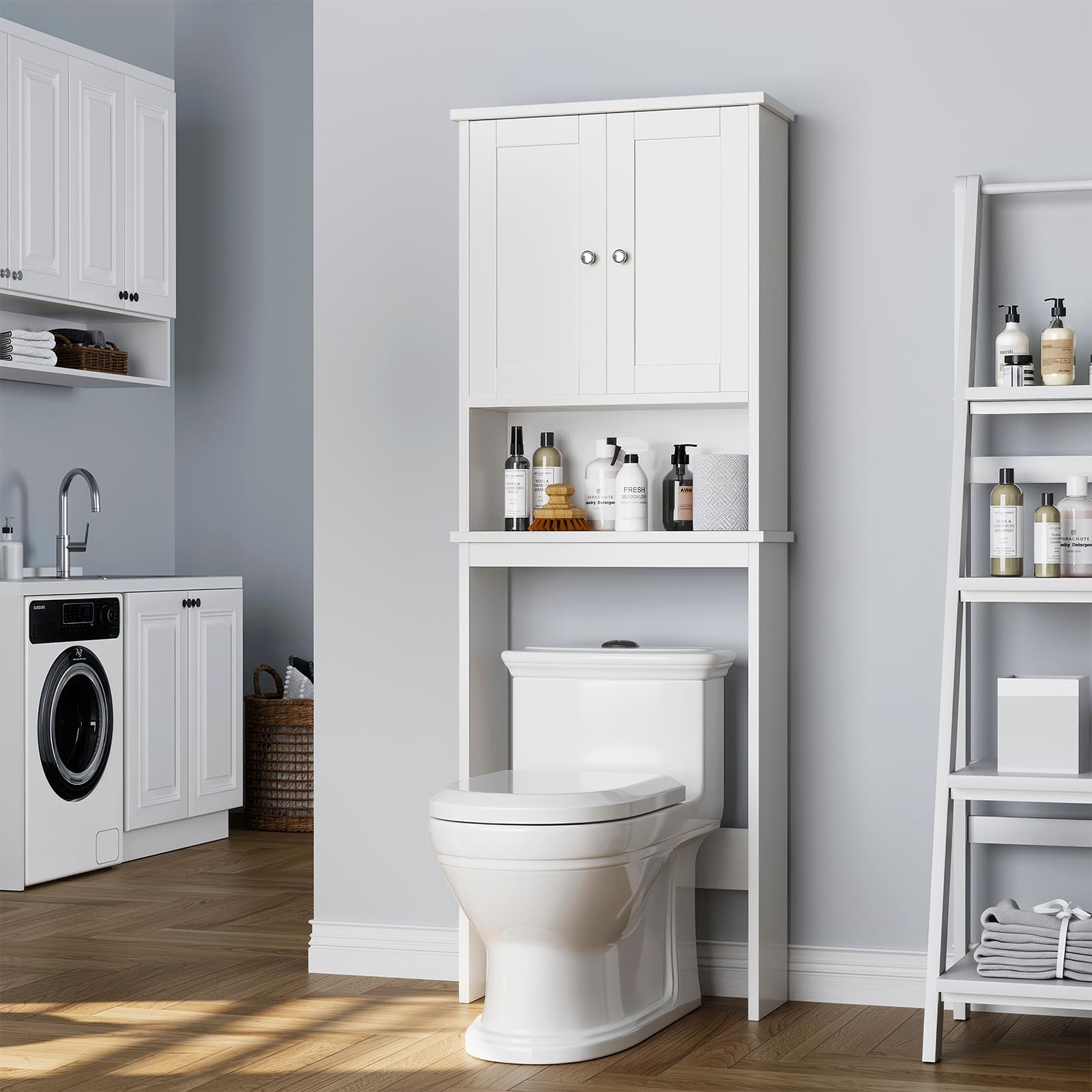 Meilocar Over The Toilet Storage Cabinet - White Bathroom Organizer with Adjustable Shelves & Open Storage | Space-Saving Bathroom Cabinet for Toiletries, Towels & Essentials - Perfect for Small Bathrooms & Apartment Living