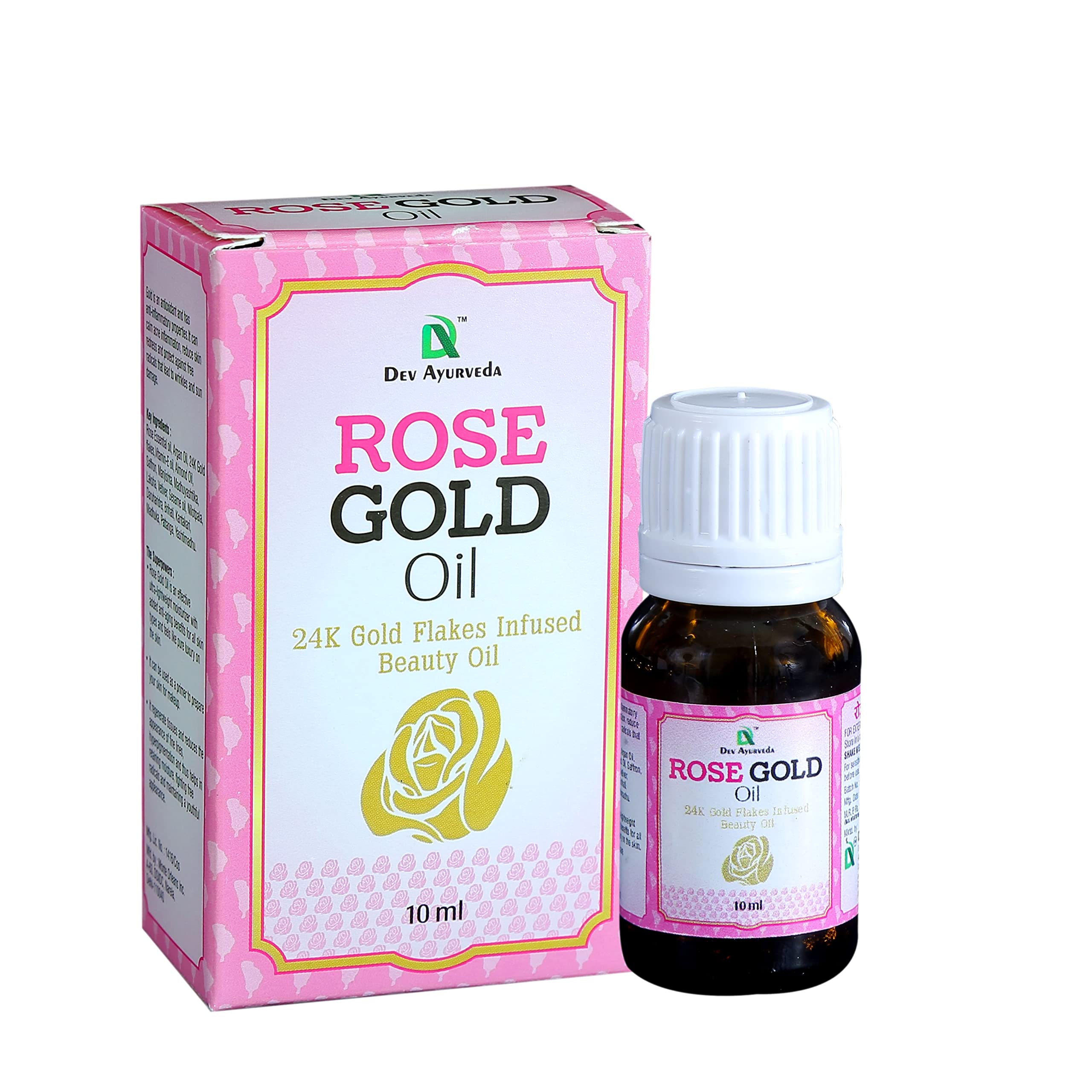 Dev Ayurveda Rose Gold Oil with 24K Gold Flakes - 10 mL Luxurious Face & Body Oil for Glowing Skin & Anti-Aging | Perfect for Night Routine & Special Occasions