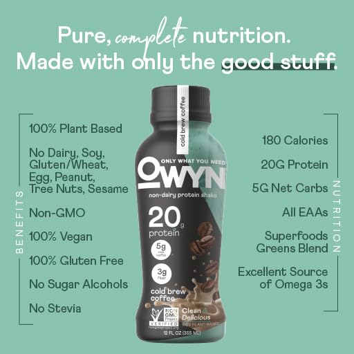 OWYN Dairy-Free Protein Coffee Shake Variety Pack - 20g Plant-Based Protein with Caffeine, Doubleshot & Cold Brew Flavors (12 Pack, 12oz Bottles) - Perfect for Post-Workout Recovery, Morning Energy Boost & On-the-Go Nutrition