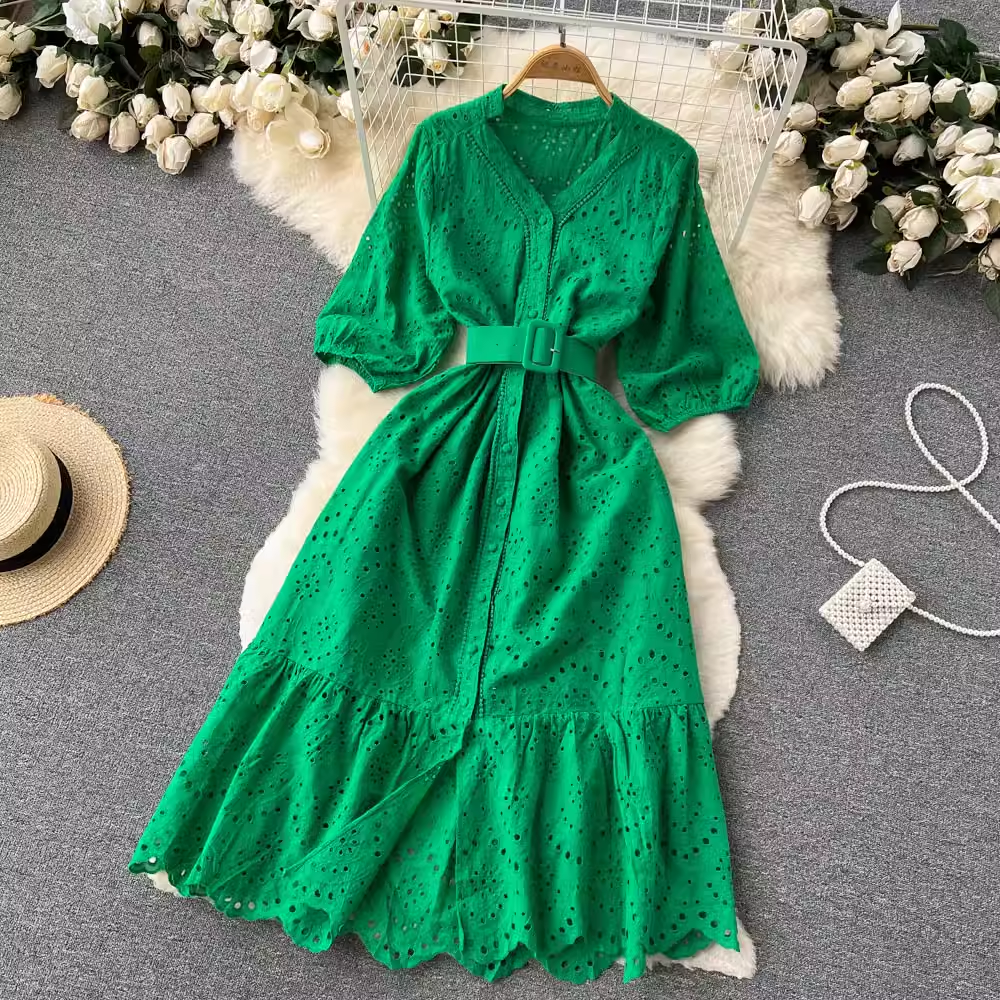 Elegant Hollow V-Neck Puff Sleeve Summer Dress - Flowy Fairy Long Skirt for Women | Perfect for Beach Vacations, Garden Parties & Romantic Dates