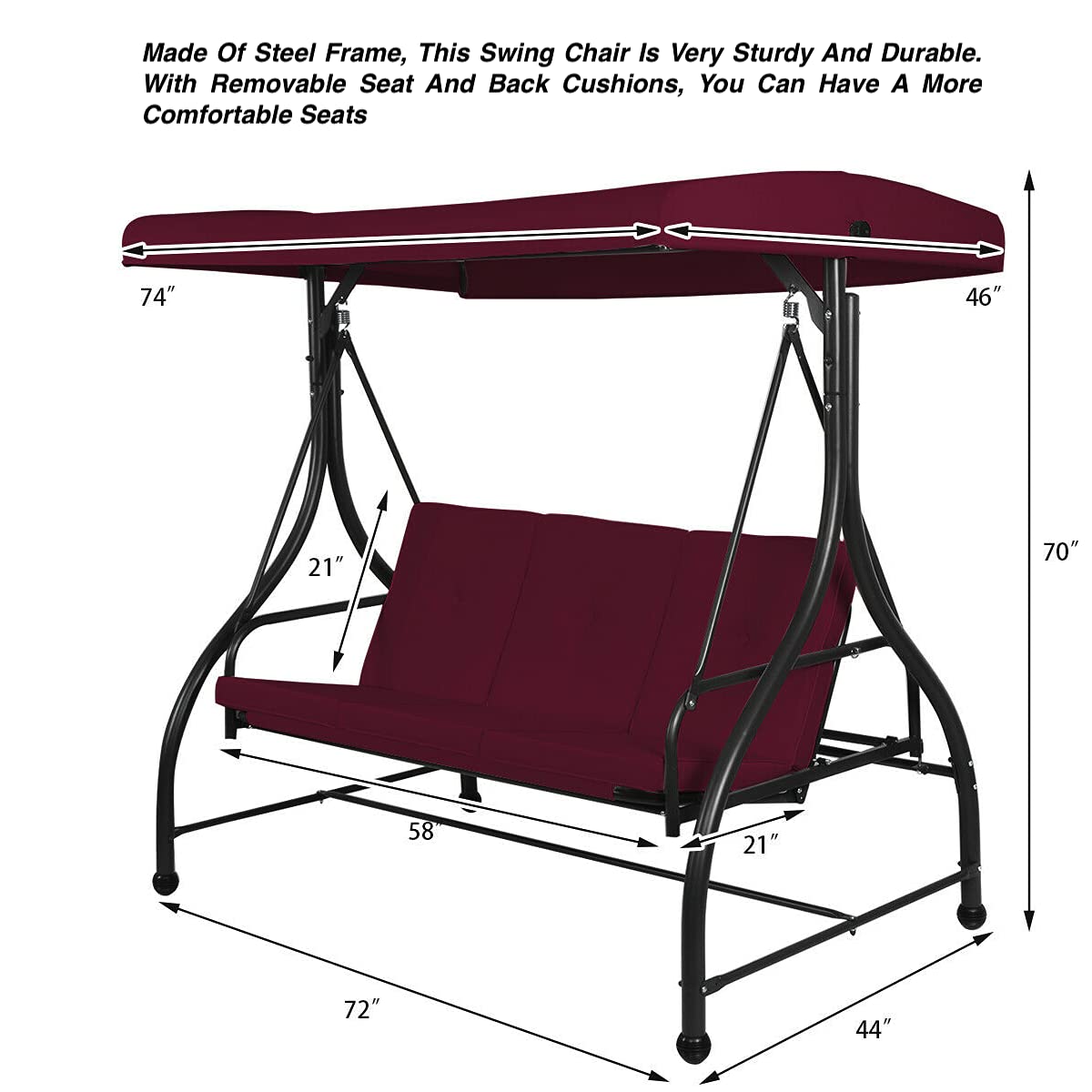 Burgundy 3-Seater Convertible Outdoor Swing Bench with Adjustable Sunshade Canopy & Removable Cushions - Heavy Duty Steel Frame - Perfect for Patio, Poolside, Deck, Balcony, Garden, Backyard Relaxation and Outdoor Lounging