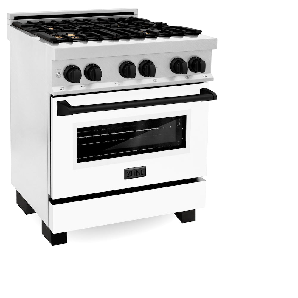 ZLINE Autograph Edition 30-inch 4.0 cu. ft. Dual Fuel Range - 4 Burner Gas Cooktop & Electric Convection Oven - Satin Stainless Steel with White Matte Door & Black Accents (RASZ WM 30 MB) - Perfect for Modern Kitchens & Professional Home Chefs