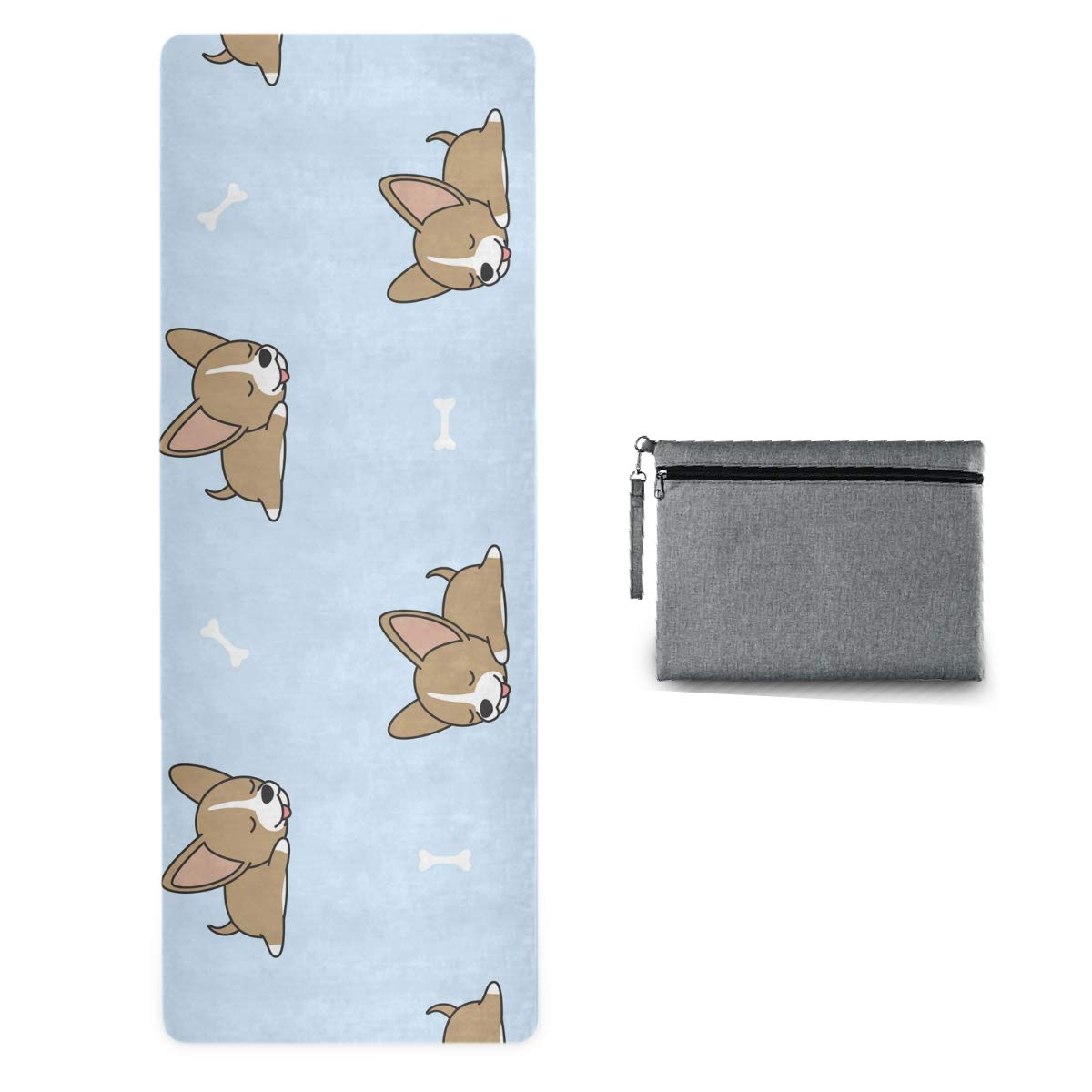 Premium Non-Slip Travel Yoga Mat with Carrying Bag - Lightweight Foldable Exercise Mat for Yoga, Pilates & Home Workouts | Cute Chihuahua Puppy with Bone Design | Sweat Absorbent & Portable for Travel, Gym & Outdoor Fitness