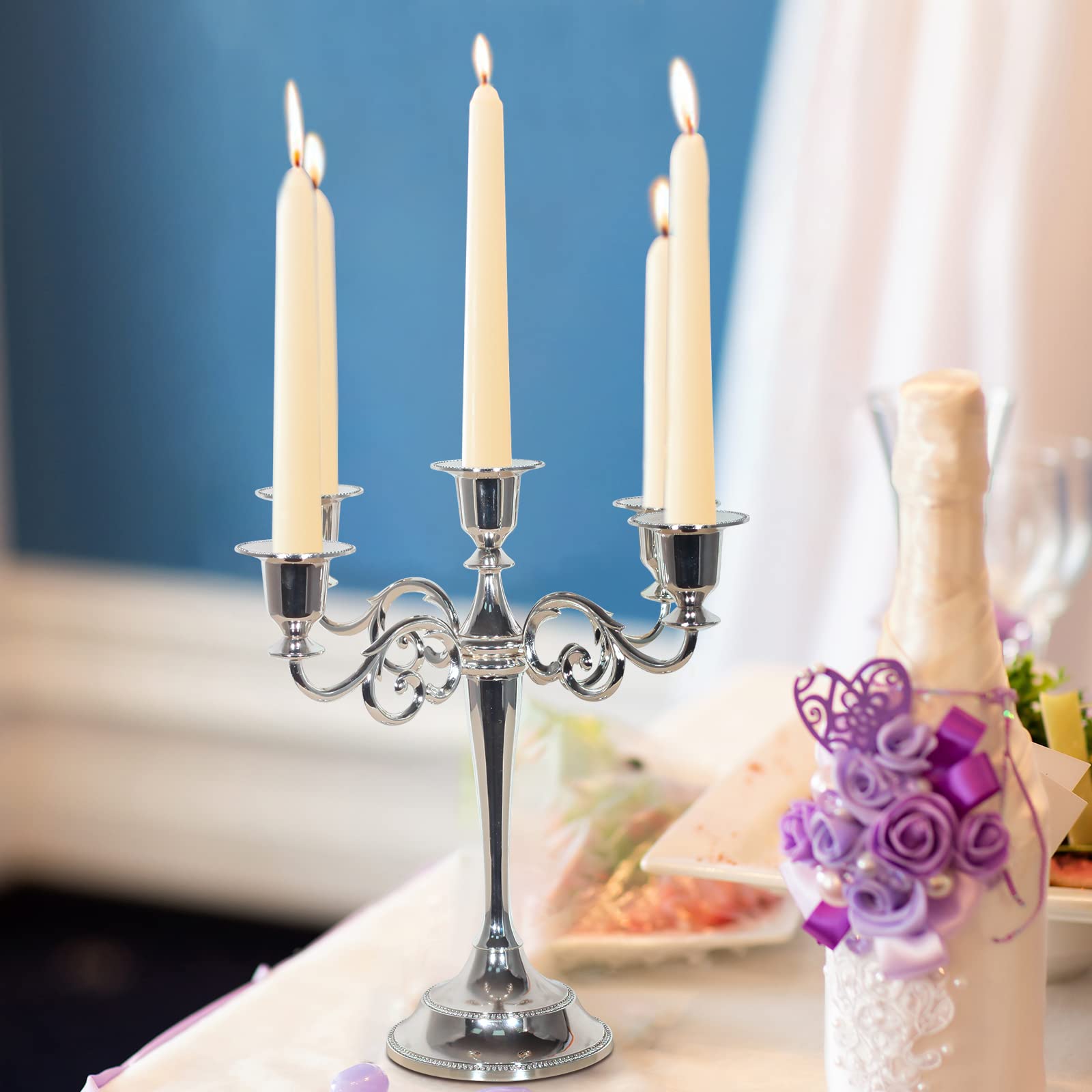Elegant Silver 5-Candle Metal Candelabra - 10.6 Inch Tall Decorative Candle Holder for Valentine's Day, Christmas, Wedding, Home Decor & Dining Table Centerpiece | Perfect for Romantic Dinners, Holiday Decorations & Special Occasions