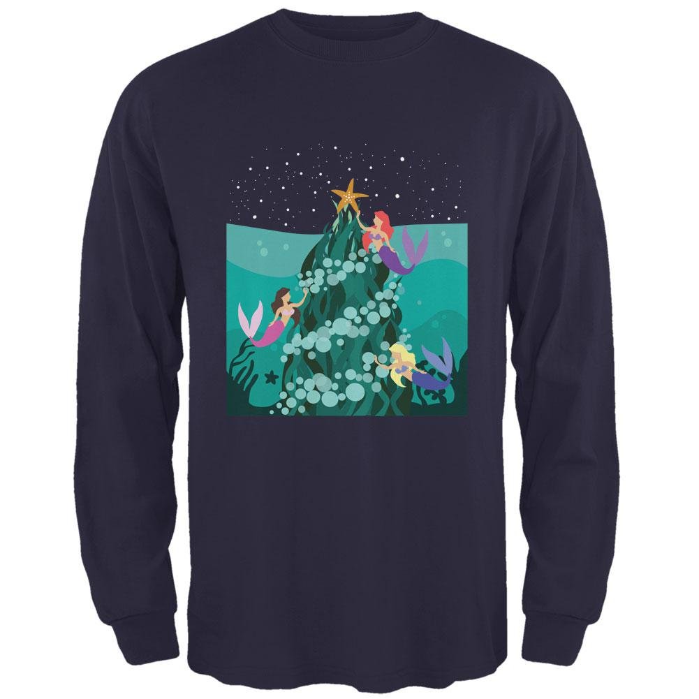 Mermaid Christmas Tree Men's Long Sleeve T-Shirt - Festive Holiday Graphic Tee for Christmas Parties & Gifts
