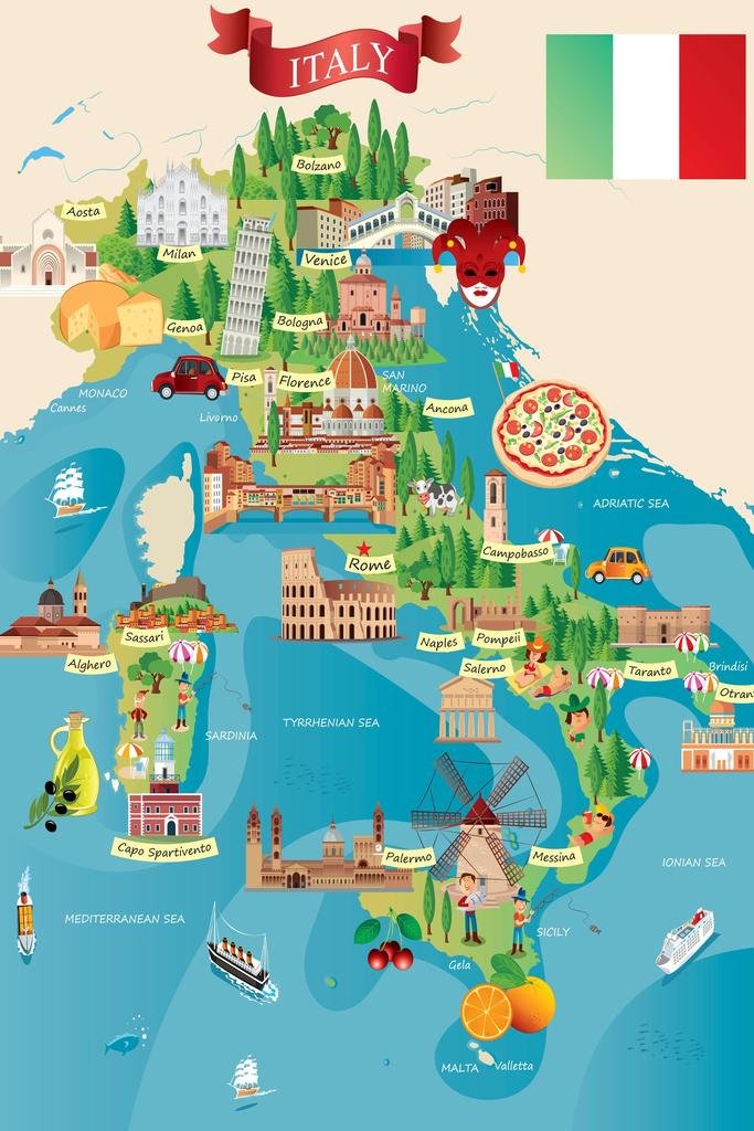 Laminated Italy Travel Map - Detailed Illustrated Tourist Destinations & Cities Wall Art Poster 24x36 | Perfect for Home Decor, Office & Classroom Geography Learning | Dry Erase Surface for Planning Trips