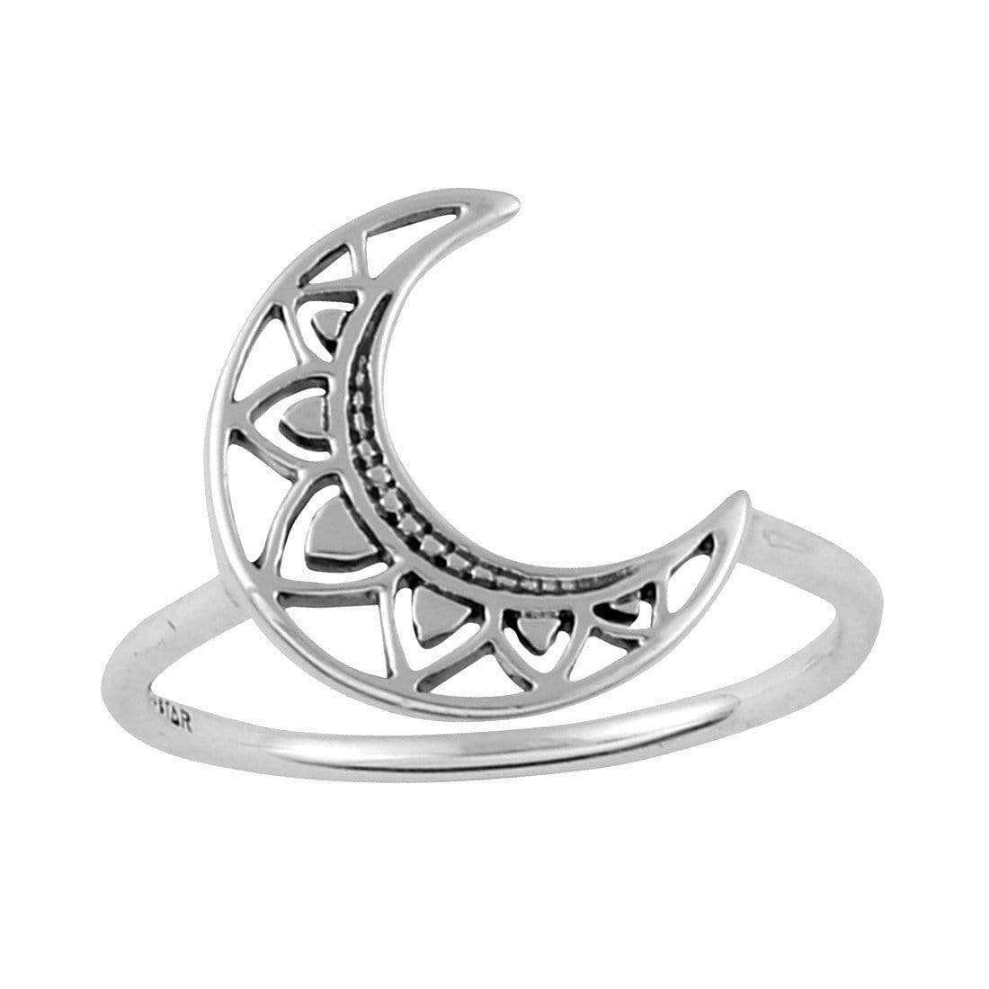 Mandala Crescent Moon Ring - Boho Sterling Silver Jewelry for Women, Handmade Hippie Moon Phase Ring - Perfect for Yoga, Meditation & Festival Outfits