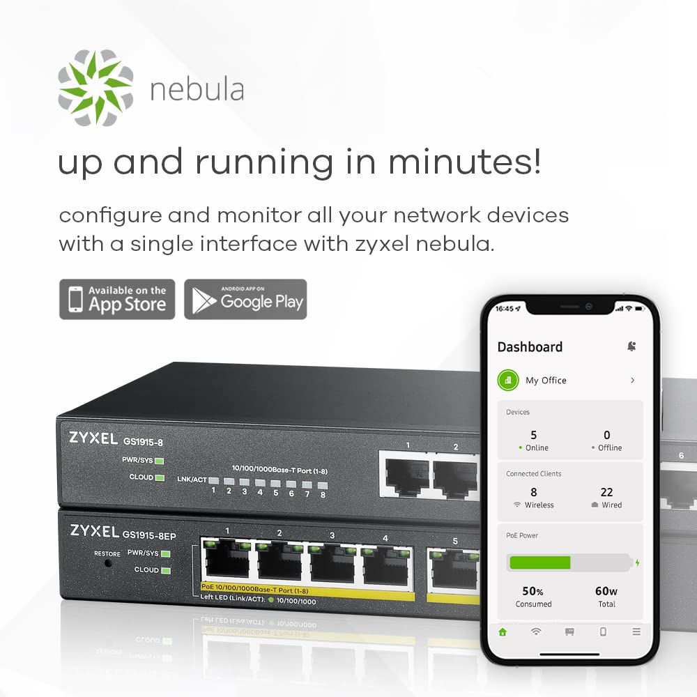 ZyXel GS1915-8EP 8-Port Gigabit PoE+ Switch | 60W Power per Port | Managed Smart Switch with Nebula Cloud | Desktop/Wall Mount | Lifetime Warranty | Ideal for Office Networks, IP Camera Systems & Small Business IT Infrastructure