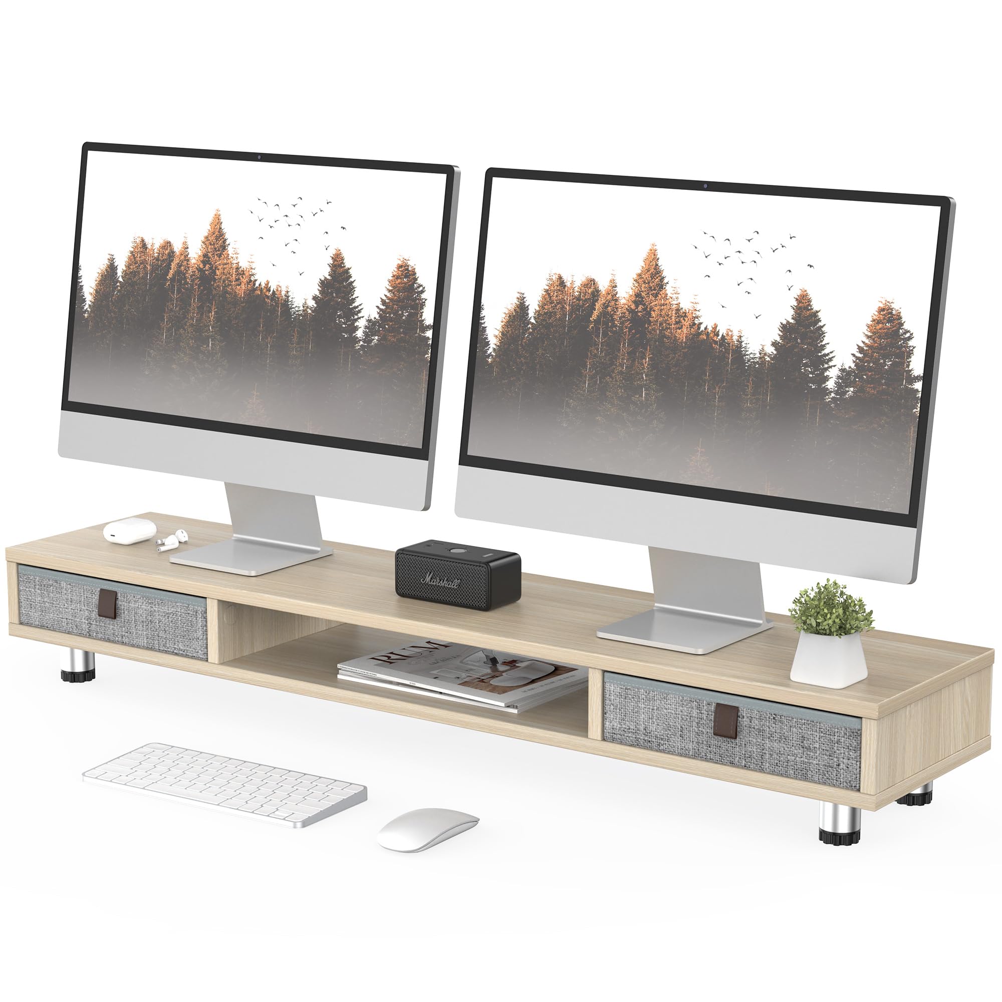 FENGE Dual Monitor Stand with 2 Drawers - Adjustable Height Oak Wood Monitor Riser for 2 Monitors, Computer, Laptop, PC, TV & Printer - Perfect for Home Office, Gaming Setup & Workspace Organization