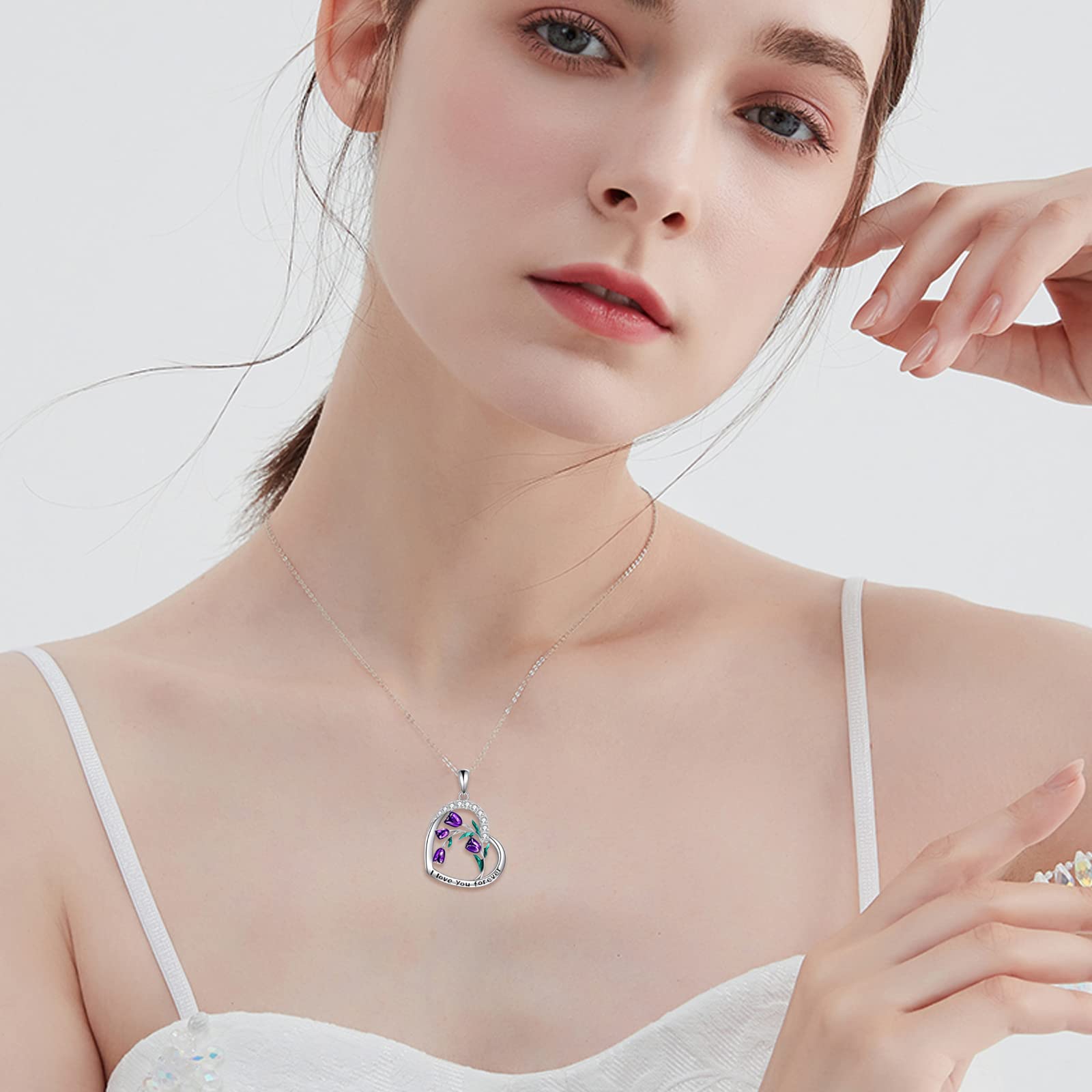 CRMAD Sterling Silver Purple Tulips Necklace with Moonstone & Crystal Cross Flower Pendant - Elegant Jewelry Gift for Mother's Day, Birthday, Anniversary | Perfect for Weddings, Parties & Special Occasions